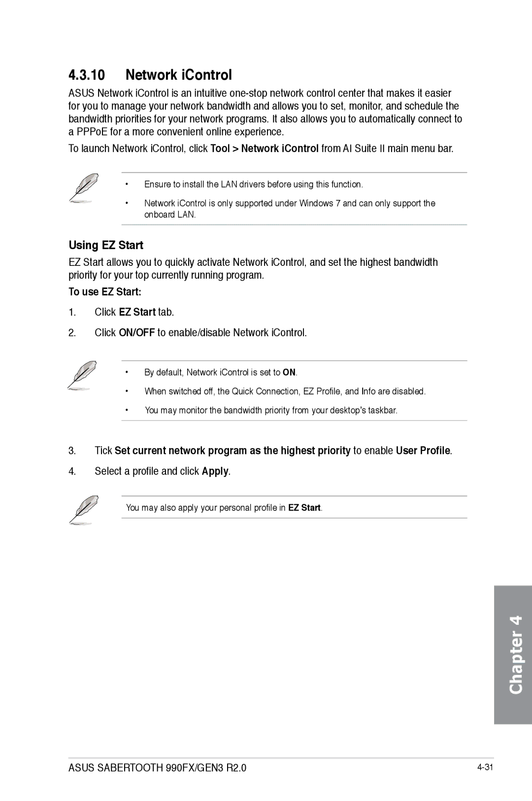 Asus SABERTOOTH 990FX/GEN3 R2 manual Network iControl, Using EZ Start, To use EZ Start, Select a profile and click Apply 