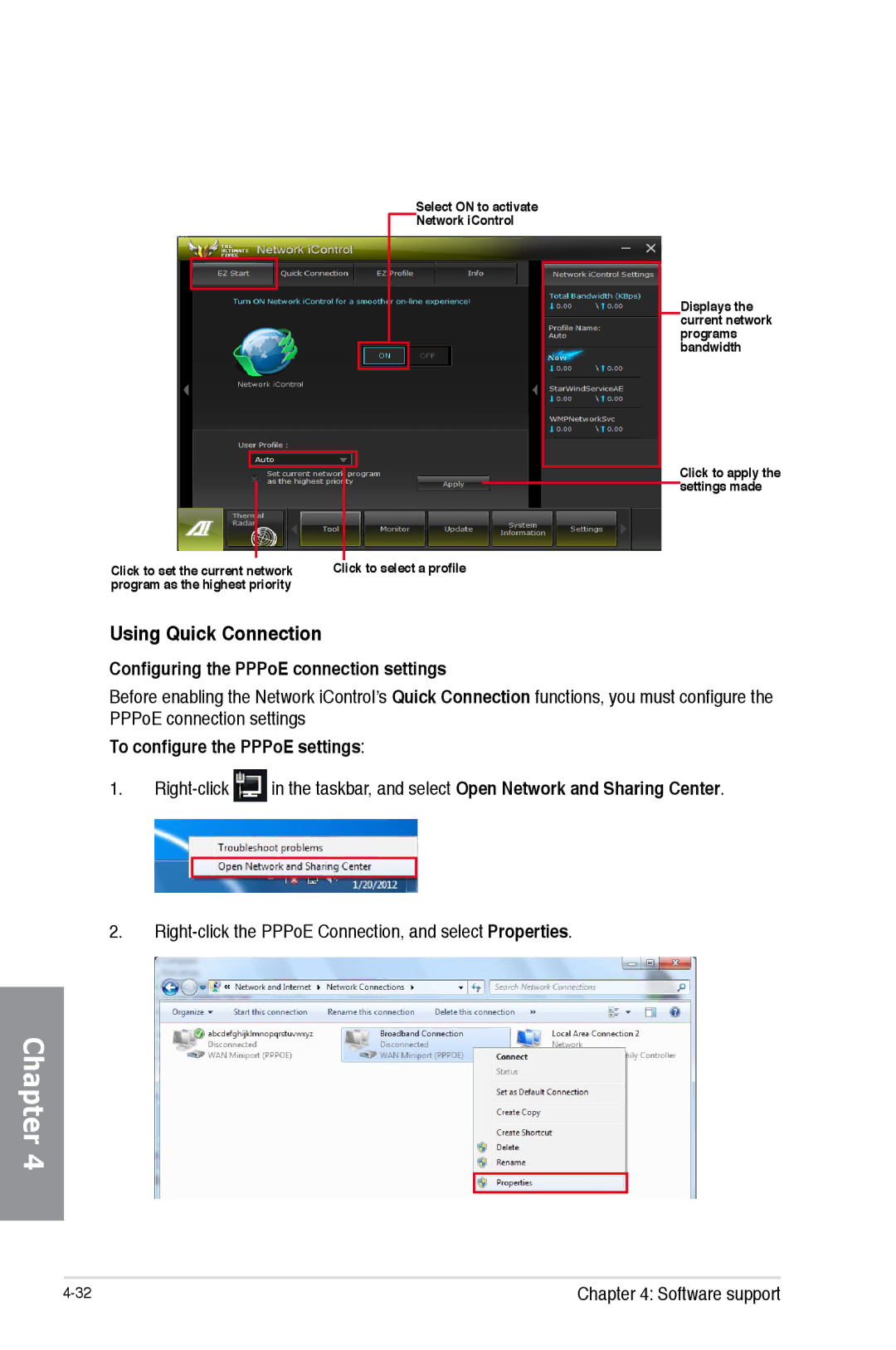 Asus SABERTOOTH990FXGEN3, 990FX R20 manual Using Quick Connection, Configuring the PPPoE connection settings 