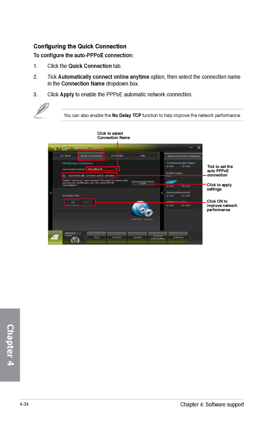 Asus 990FX R20, 990FXGEN3 Configuring the Quick Connection, Click Apply to enable the PPPoE automatic network connection 