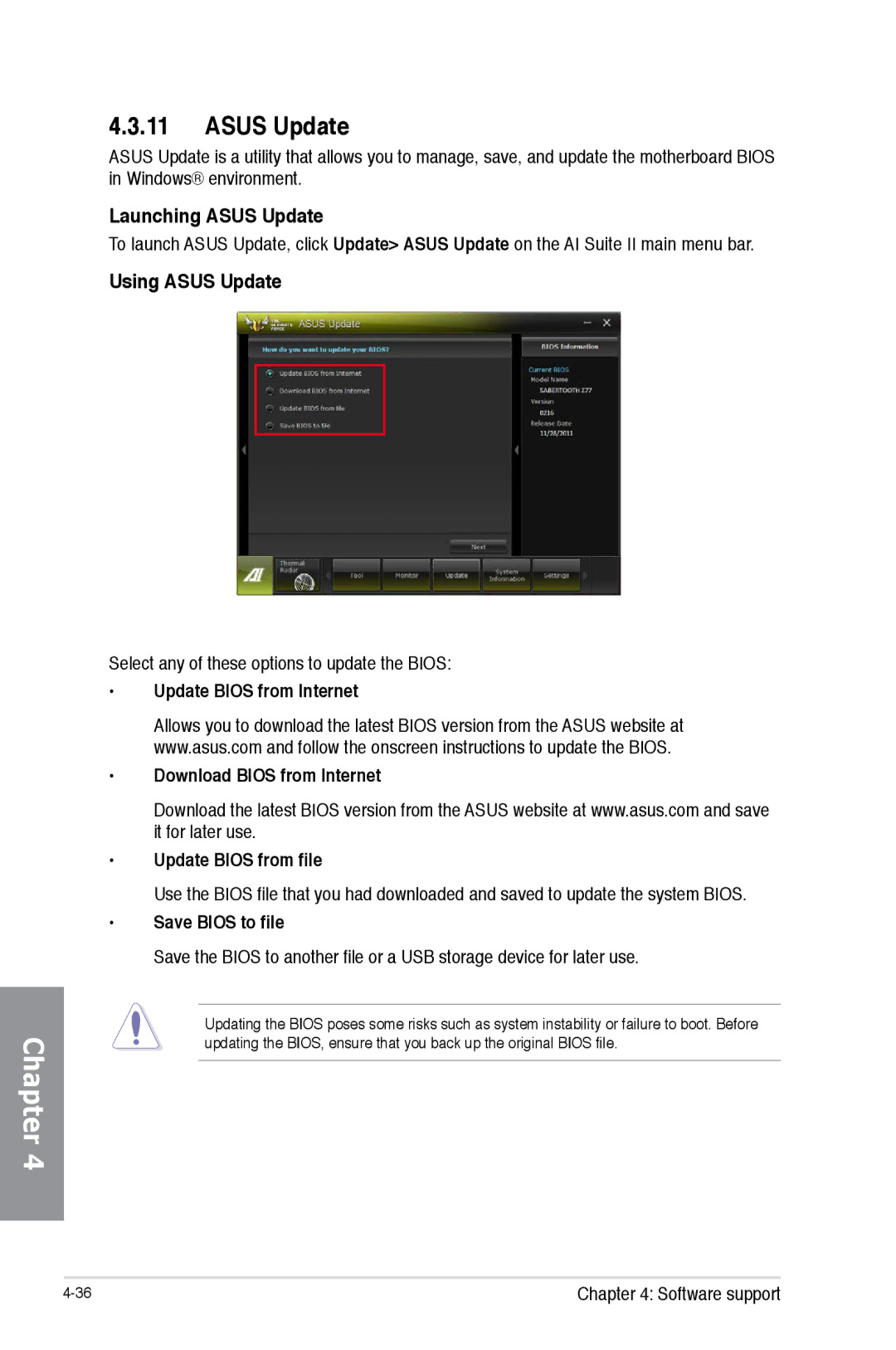 Asus SABERTOOTH990FXGEN3, 990FX R20 Using Asus Update, Select any of these options to update the Bios, Save Bios to file 