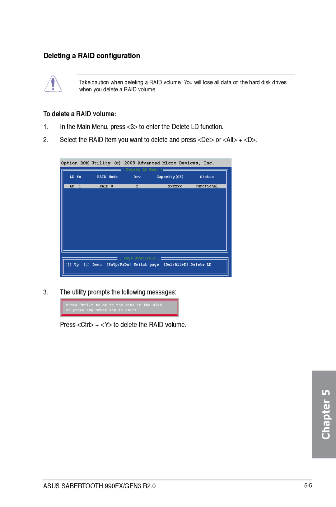 Asus 990FXGEN3, 990FX R20 Deleting a RAID configuration, To delete a RAID volume, Utility prompts the following messages 