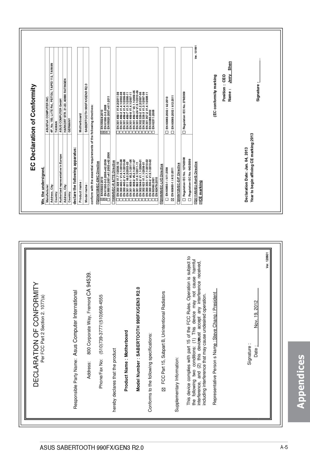 Asus 990FX R20, SABERTOOTH 990FX/GEN3 R2, SABERTOOTH990FXGEN3 manual EC Declaration of Conformity 