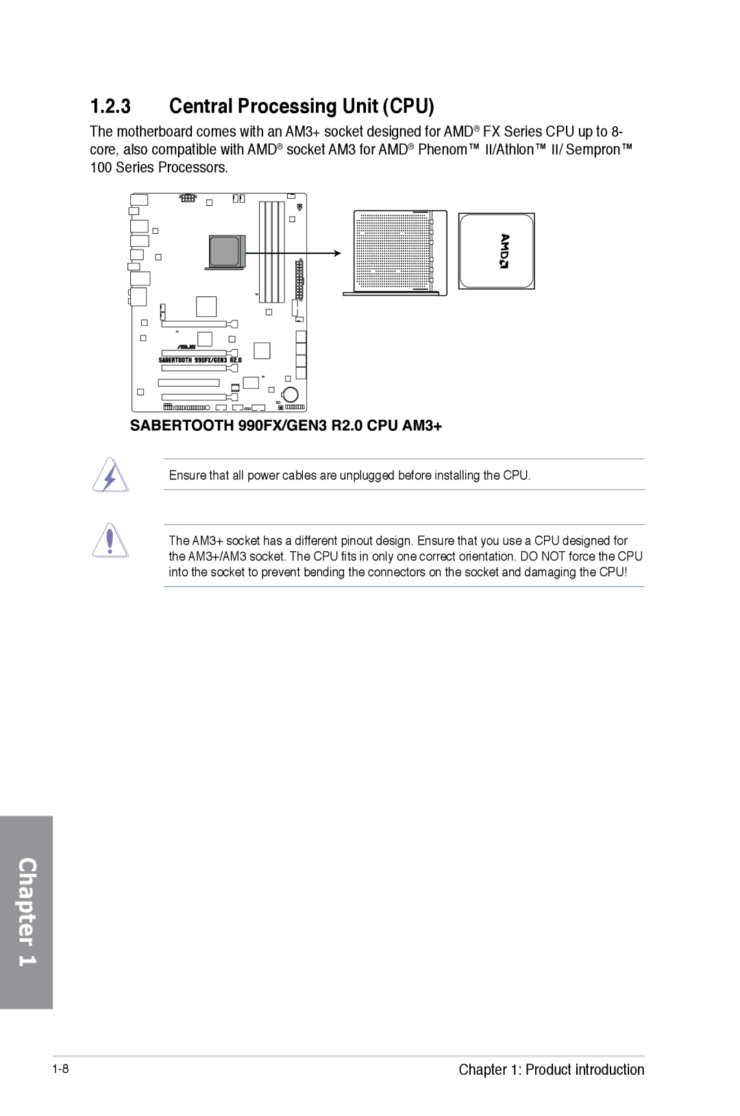 Asus SABERTOOTH990FXGEN3, 990FX R20, SABERTOOTH 990FX/GEN3 R2 manual Central Processing Unit CPU 