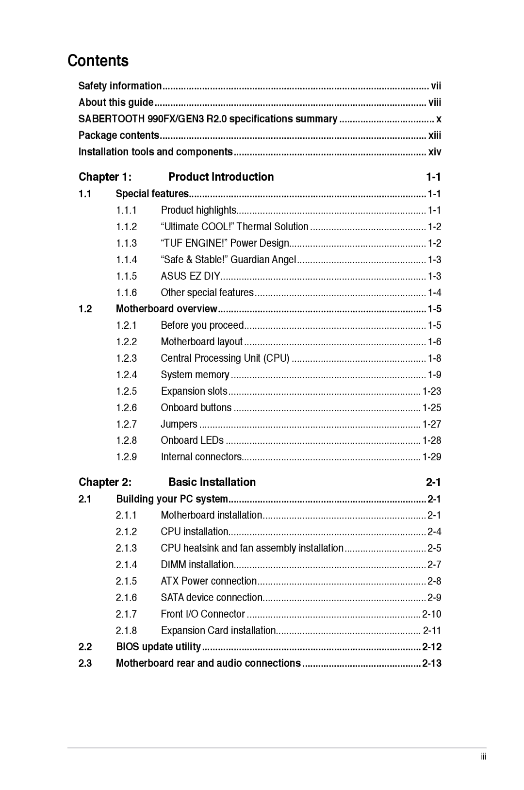 Asus 990FX R20, SABERTOOTH 990FX/GEN3 R2, SABERTOOTH990FXGEN3 manual Contents 