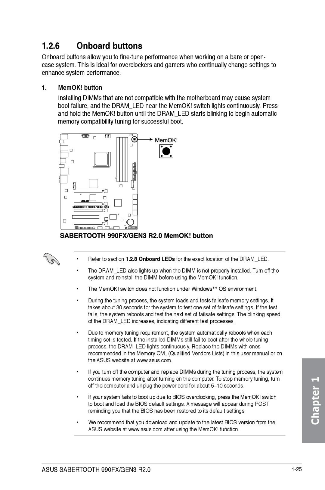 Asus 990FX R20, SABERTOOTH 990FX/GEN3 R2, SABERTOOTH990FXGEN3 manual Onboard buttons, MemOK! button 