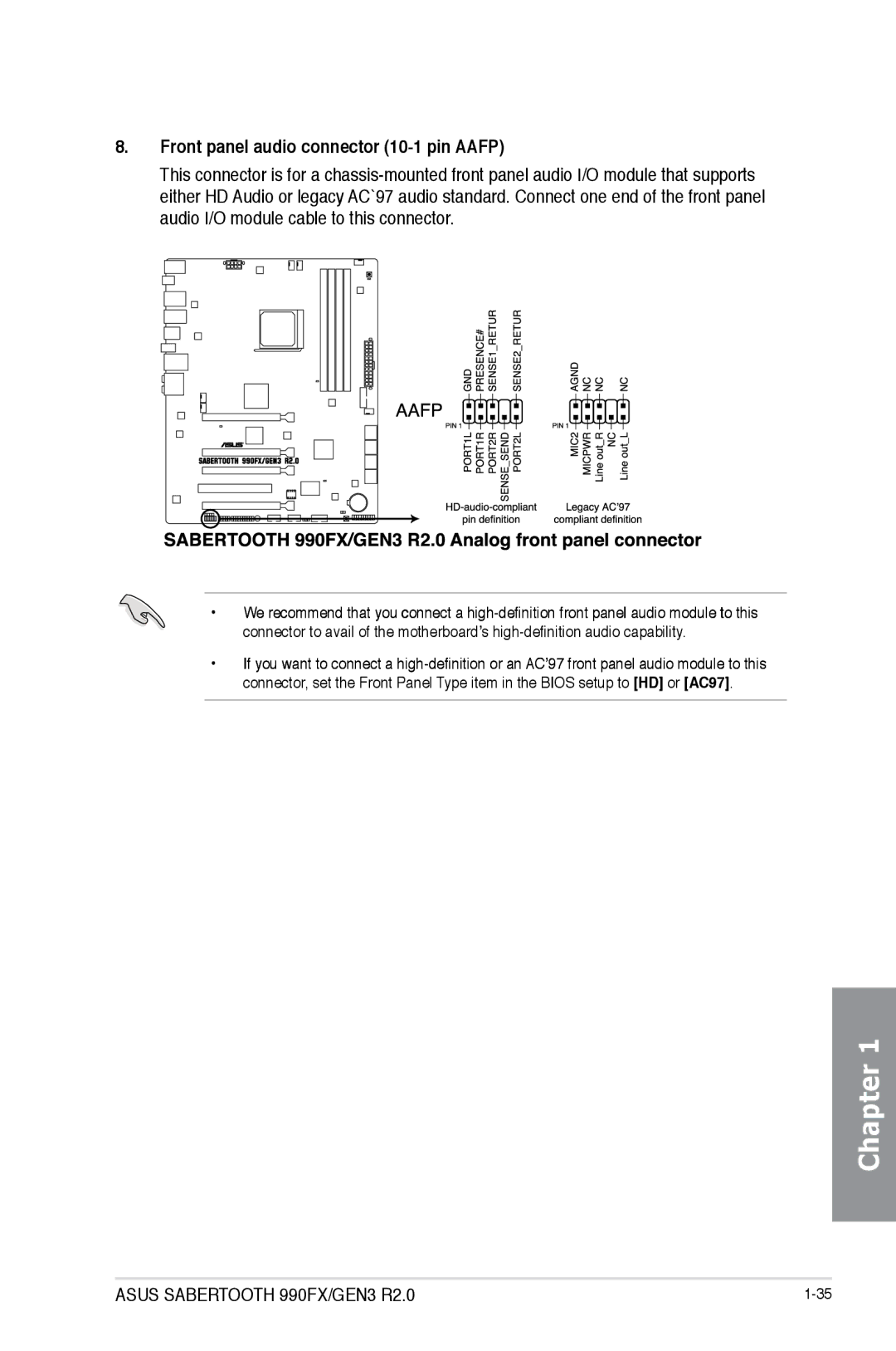 Asus SABERTOOTH 990FX/GEN3 R2, 990FX R20, SABERTOOTH990FXGEN3 manual Front panel audio connector 10-1 pin Aafp 