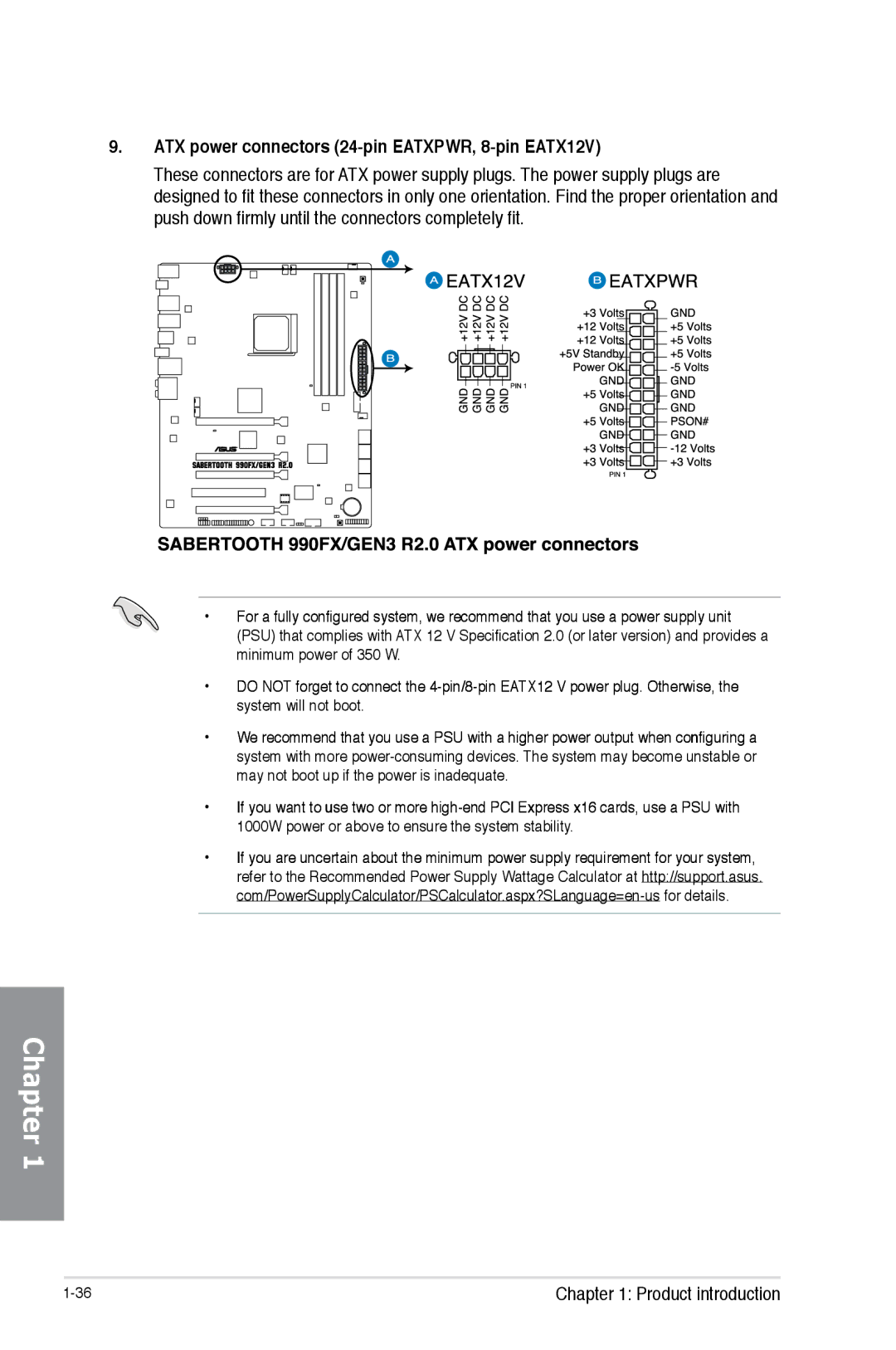 Asus SABERTOOTH990FXGEN3, 990FX R20, SABERTOOTH 990FX/GEN3 R2 manual ATX power connectors 24-pin EATXPWR, 8-pin EATX12V 