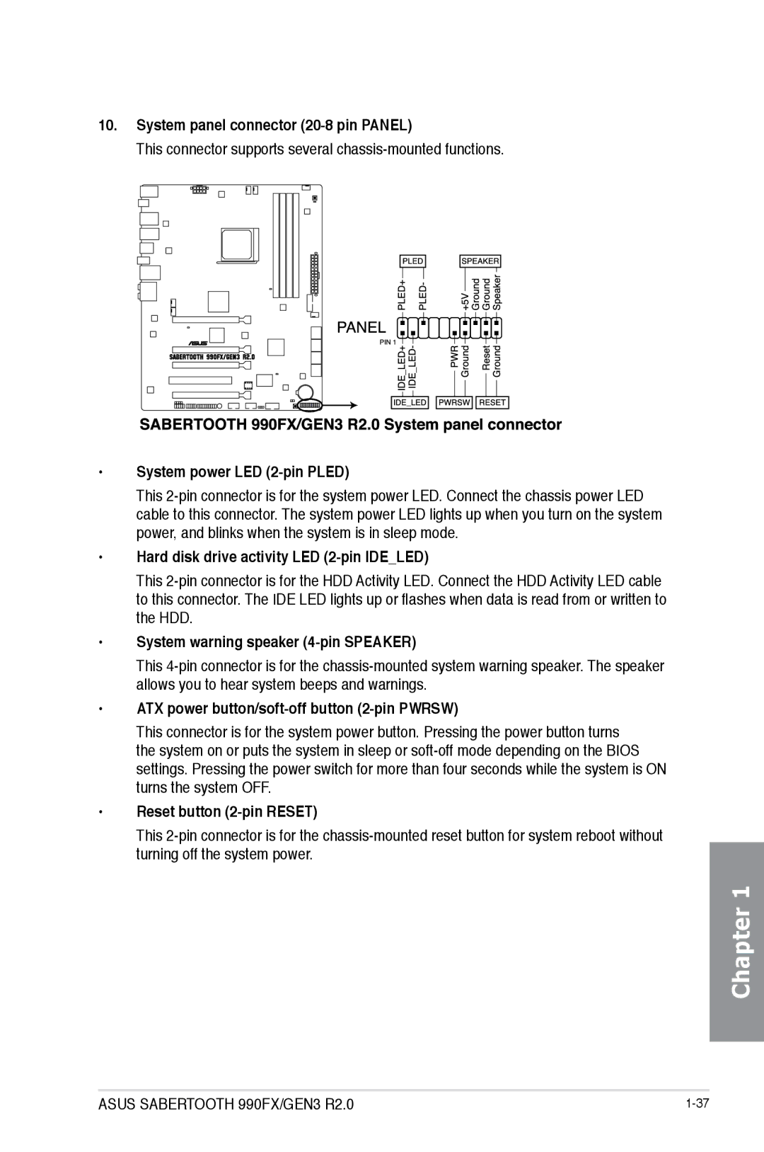 Asus 990FXGEN3 System panel connector 20-8 pin Panel, System power LED 2-pin Pled, System warning speaker 4-pin Speaker 