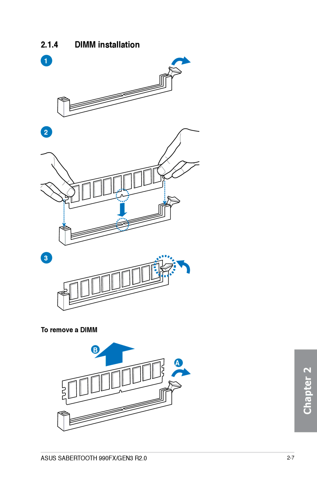 Asus 990FX R20, SABERTOOTH 990FX/GEN3 R2, SABERTOOTH990FXGEN3 manual Dimm installation, To remove a Dimm 