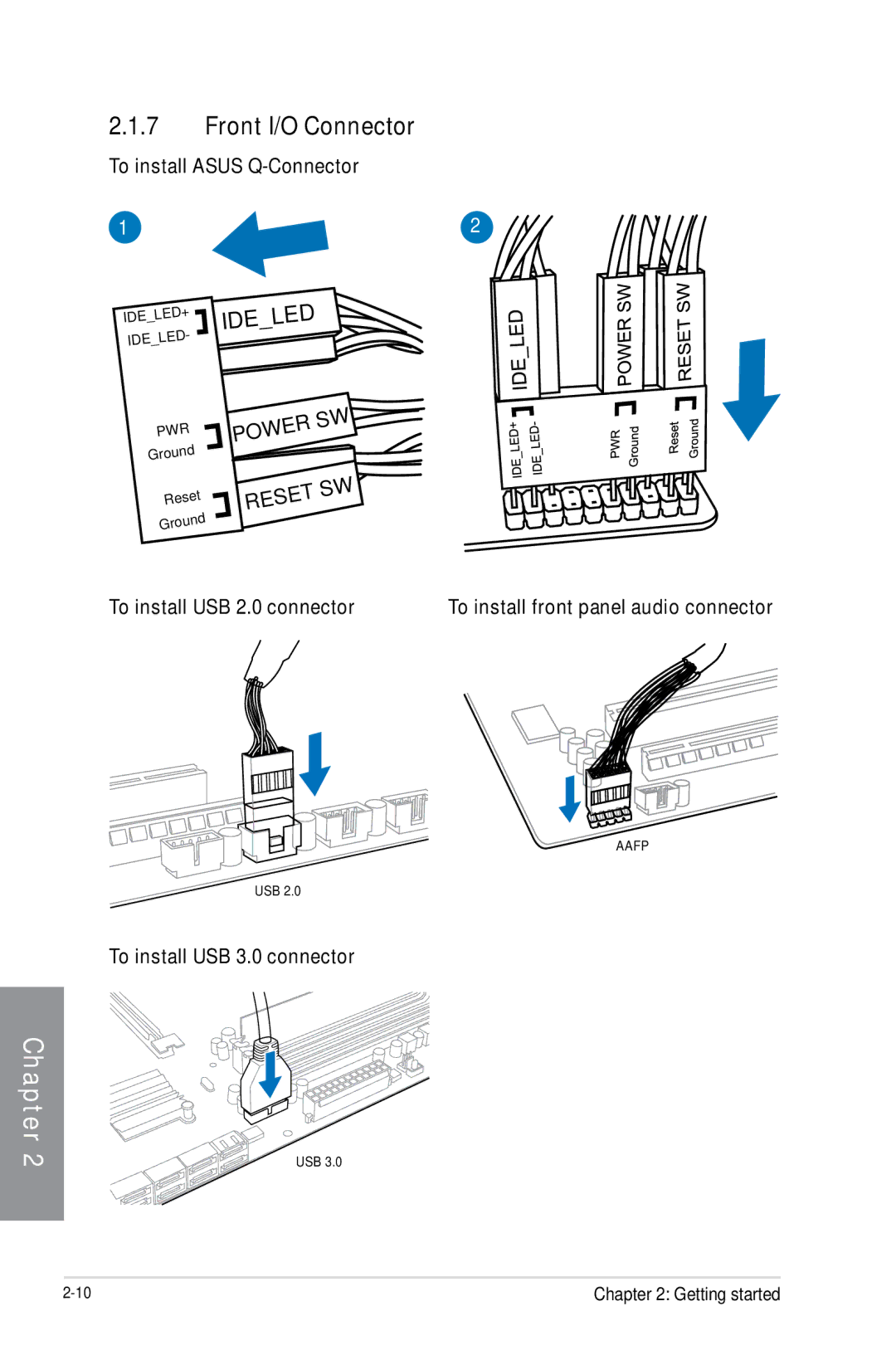 Asus SABERTOOTH990FXGEN3, 990FX R20 manual Front I/O Connector, To install Asus Q-Connector, To install USB 2.0 connector 