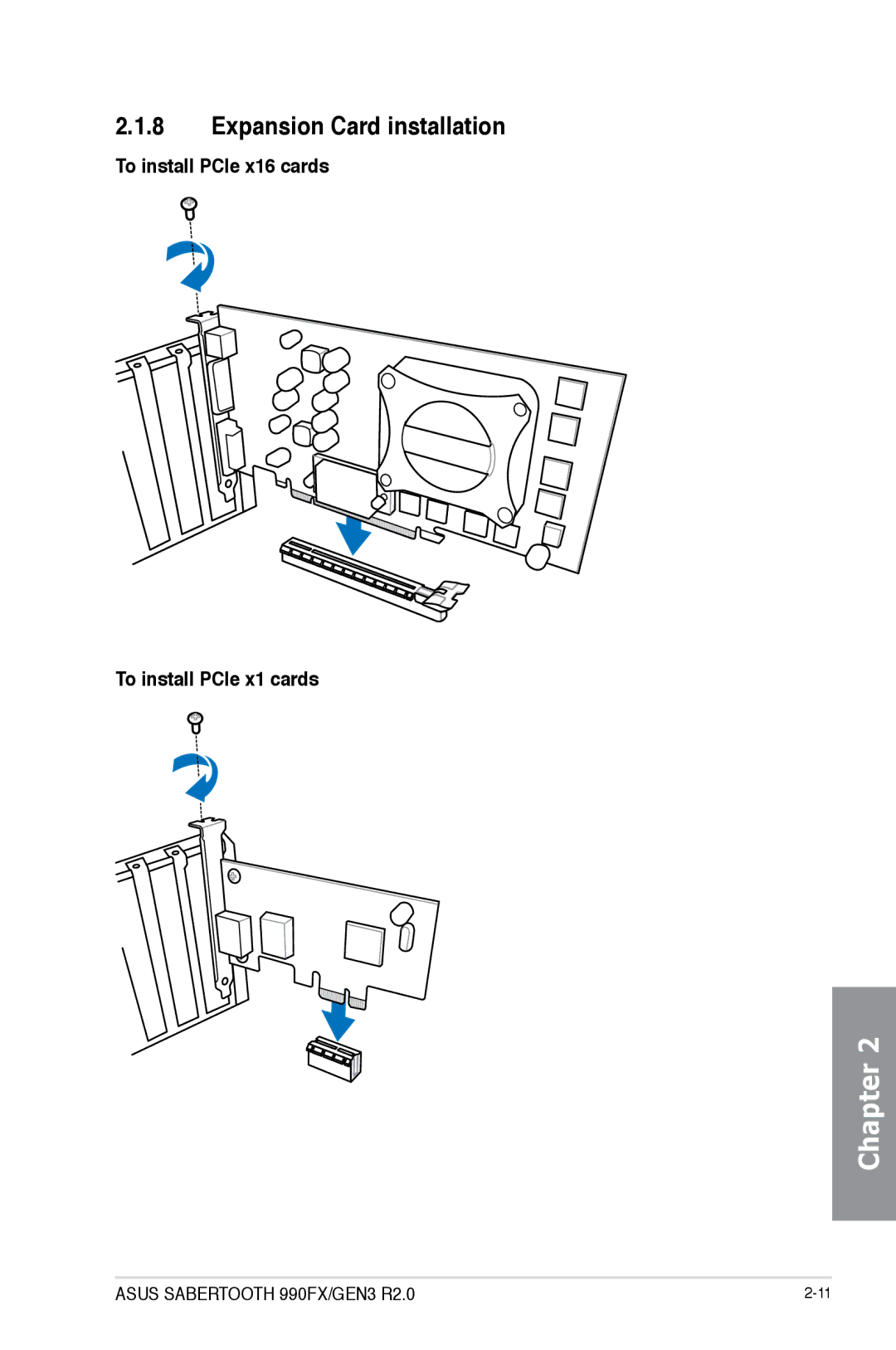 Asus 990FXGEN3, 990FX R20 manual Expansion Card installation, To install PCIe x16 cards To install PCIe x1 cards 