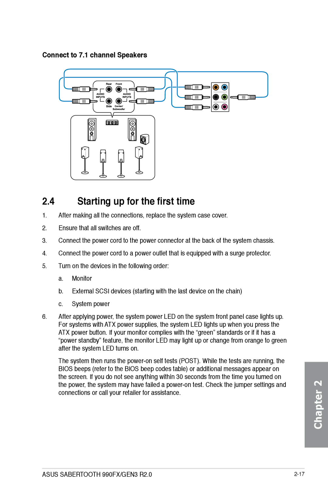 Asus SABERTOOTH 990FX/GEN3 R2, 990FX R20, 990FXGEN3 manual Starting up for the first time, Connect to 7.1 channel Speakers 