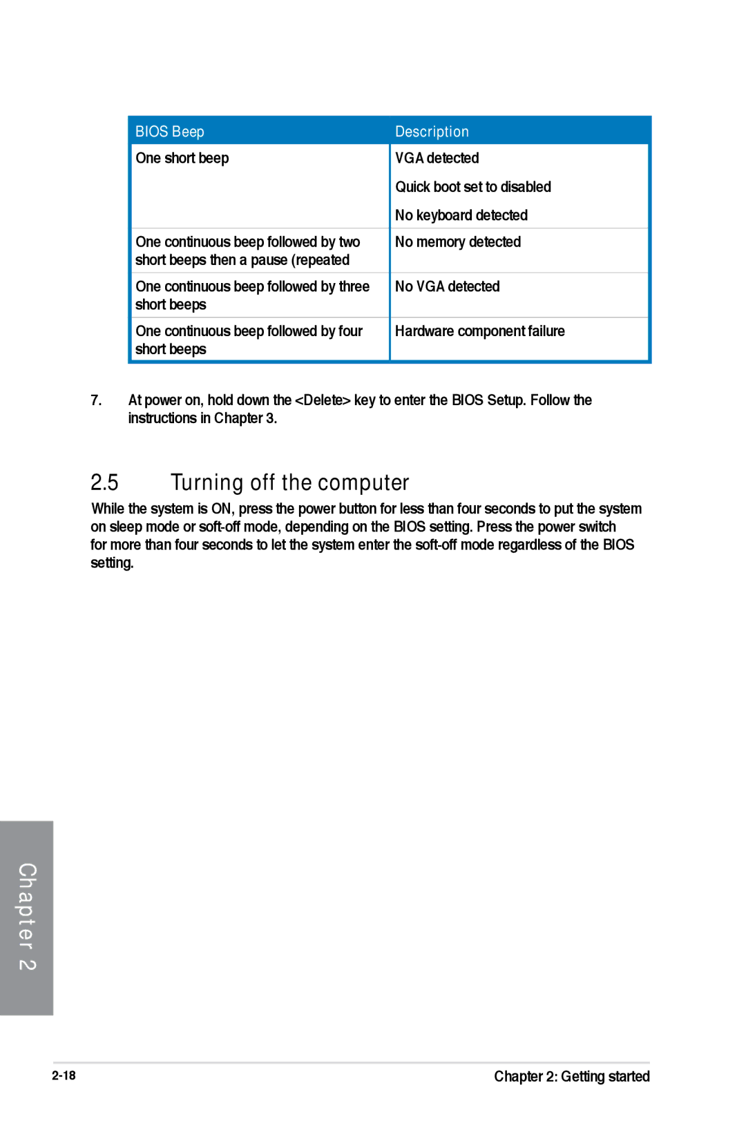 Asus SABERTOOTH990FXGEN3, 990FX R20, SABERTOOTH 990FX/GEN3 R2 manual Turning off the computer, One short beep, VGA detected 