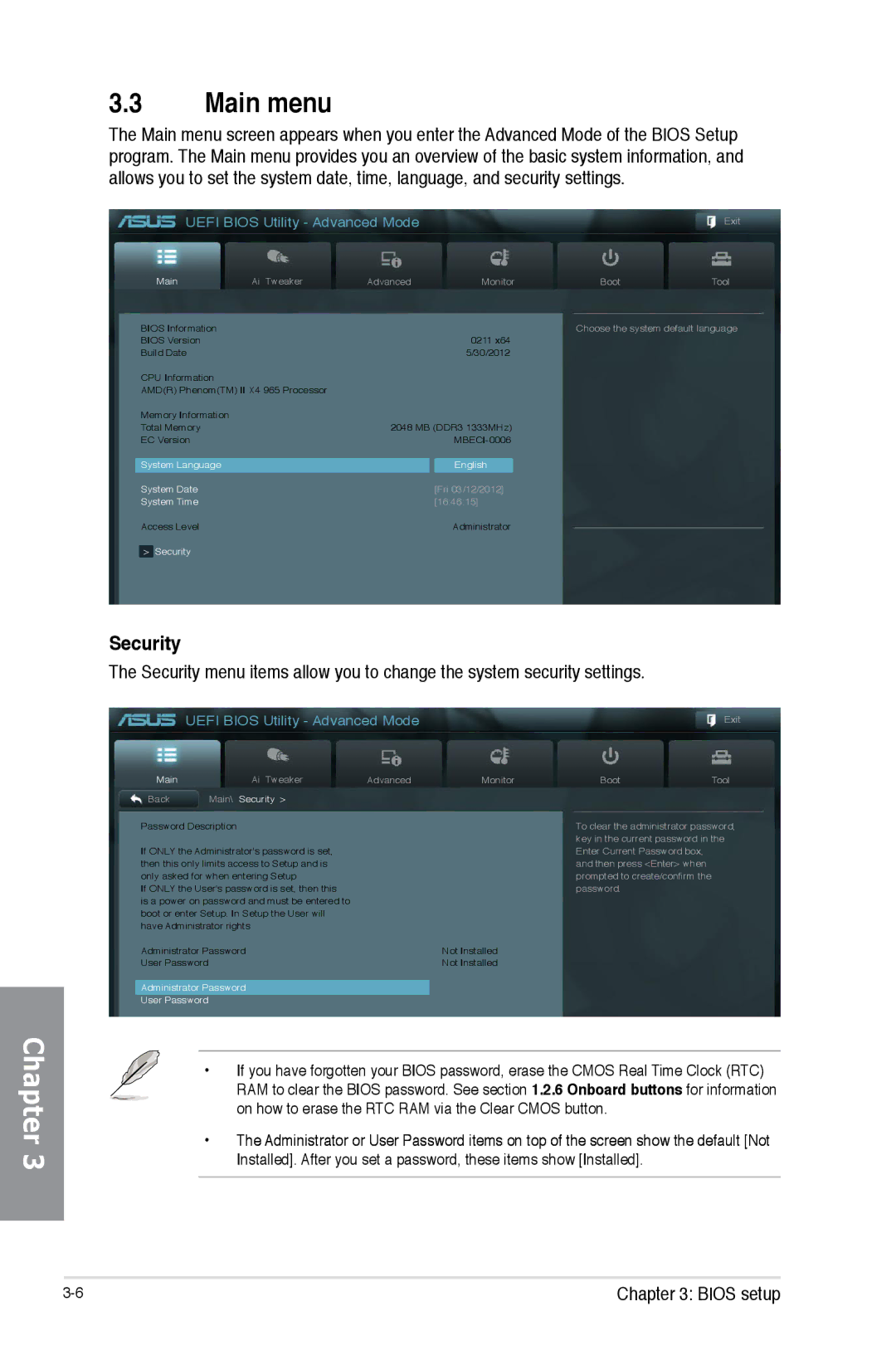 Asus 990FX R20, SABERTOOTH 990FX/GEN3 R2, SABERTOOTH990FXGEN3 manual Main menu, Security 