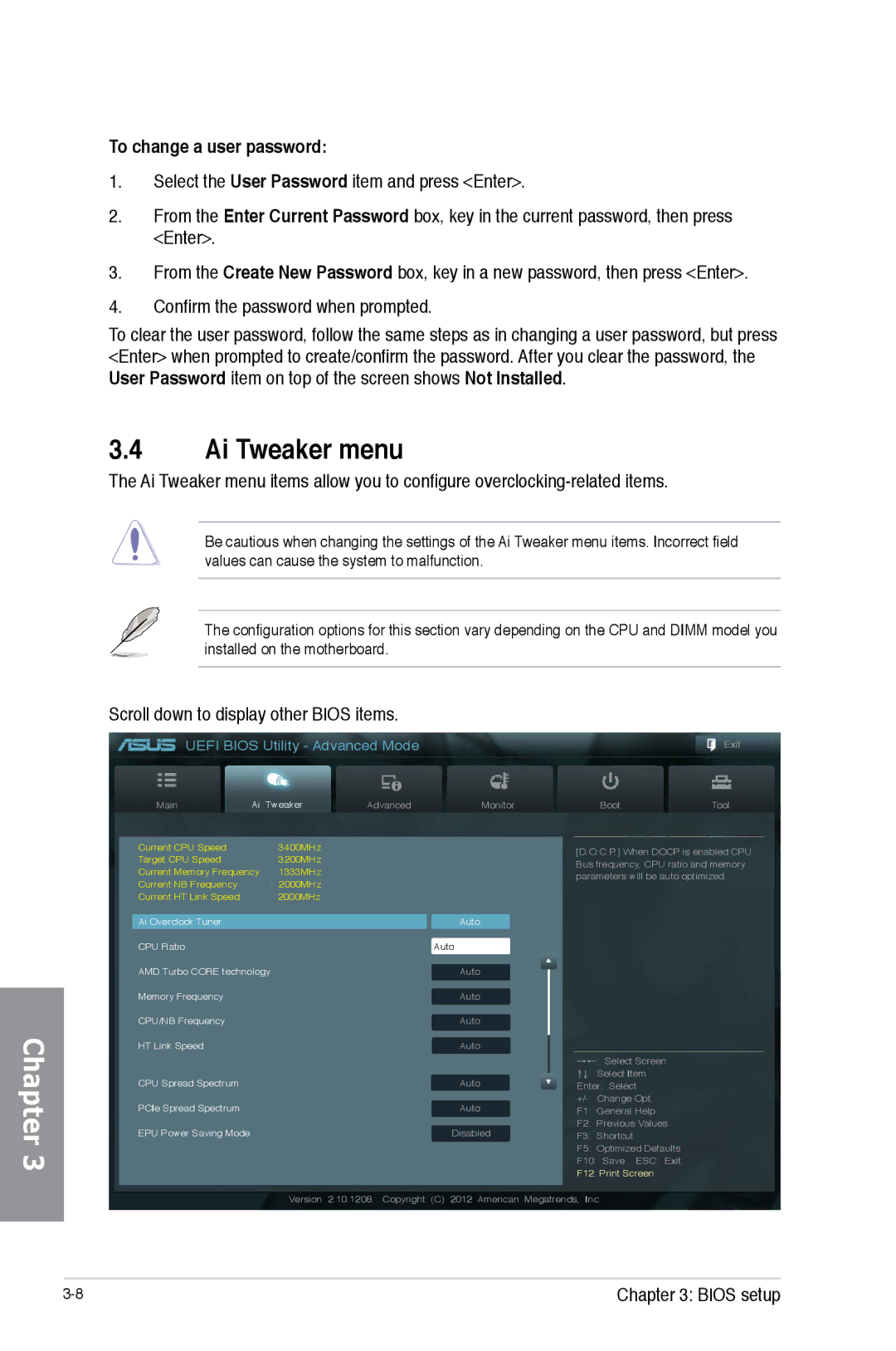 Asus SABERTOOTH990FXGEN3, 990FX R20 Ai Tweaker menu, To change a user password, Scroll down to display other Bios items 