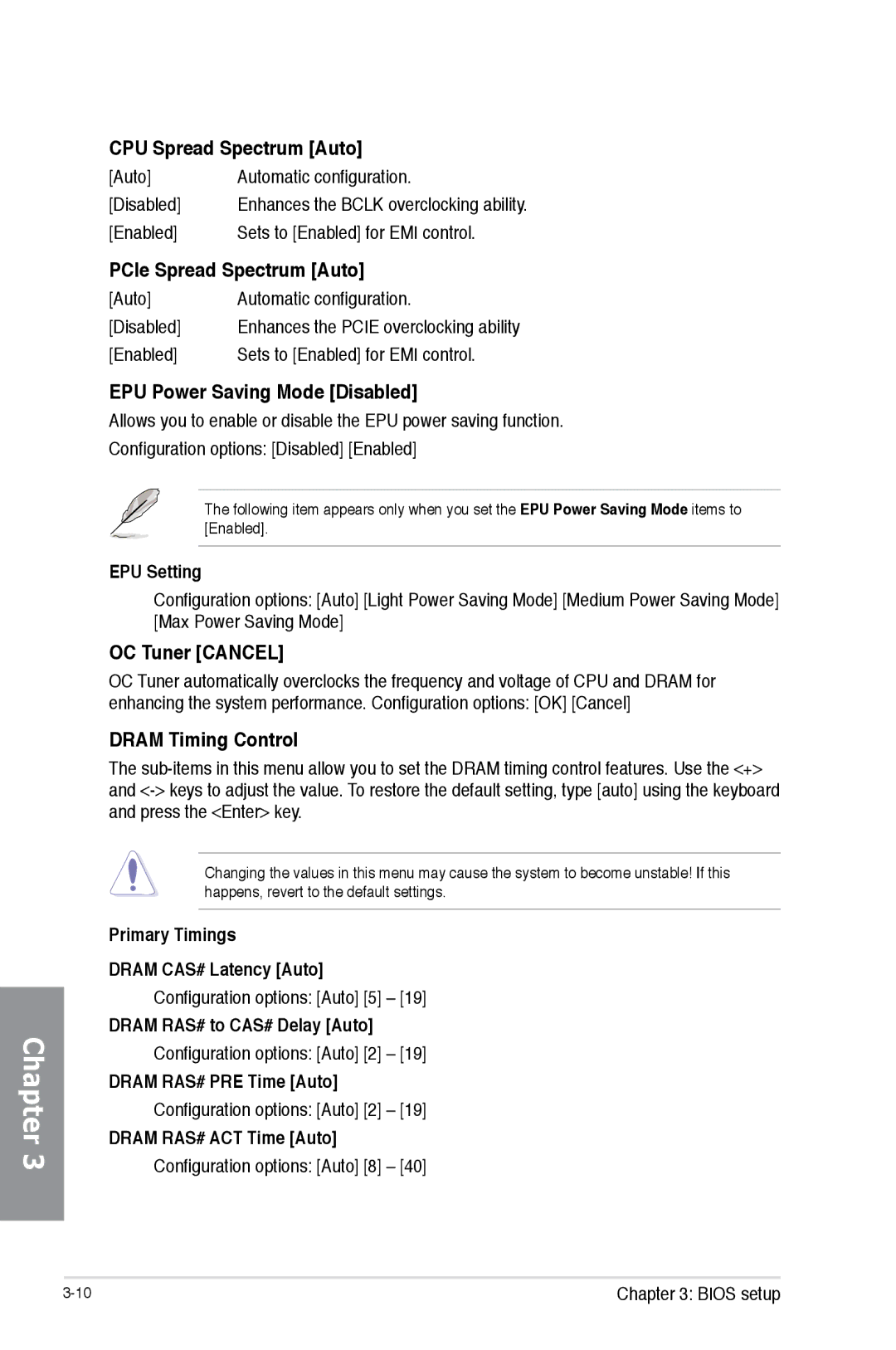 Asus 990FX R20 manual CPU Spread Spectrum Auto, PCIe Spread Spectrum Auto, EPU Power Saving Mode Disabled, OC Tuner Cancel 