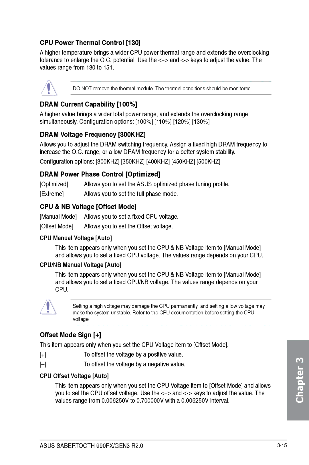 Asus SABERTOOTH 990FX/GEN3 R2 manual CPU Power Thermal Control, Dram Current Capability 100%, Dram Voltage Frequency 300KHZ 