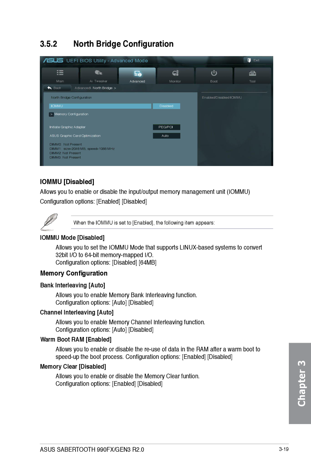 Asus SABERTOOTH 990FX/GEN3 R2, 990FX R20, 990FXGEN3 manual North Bridge Configuration, Iommu Disabled, Memory Configuration 