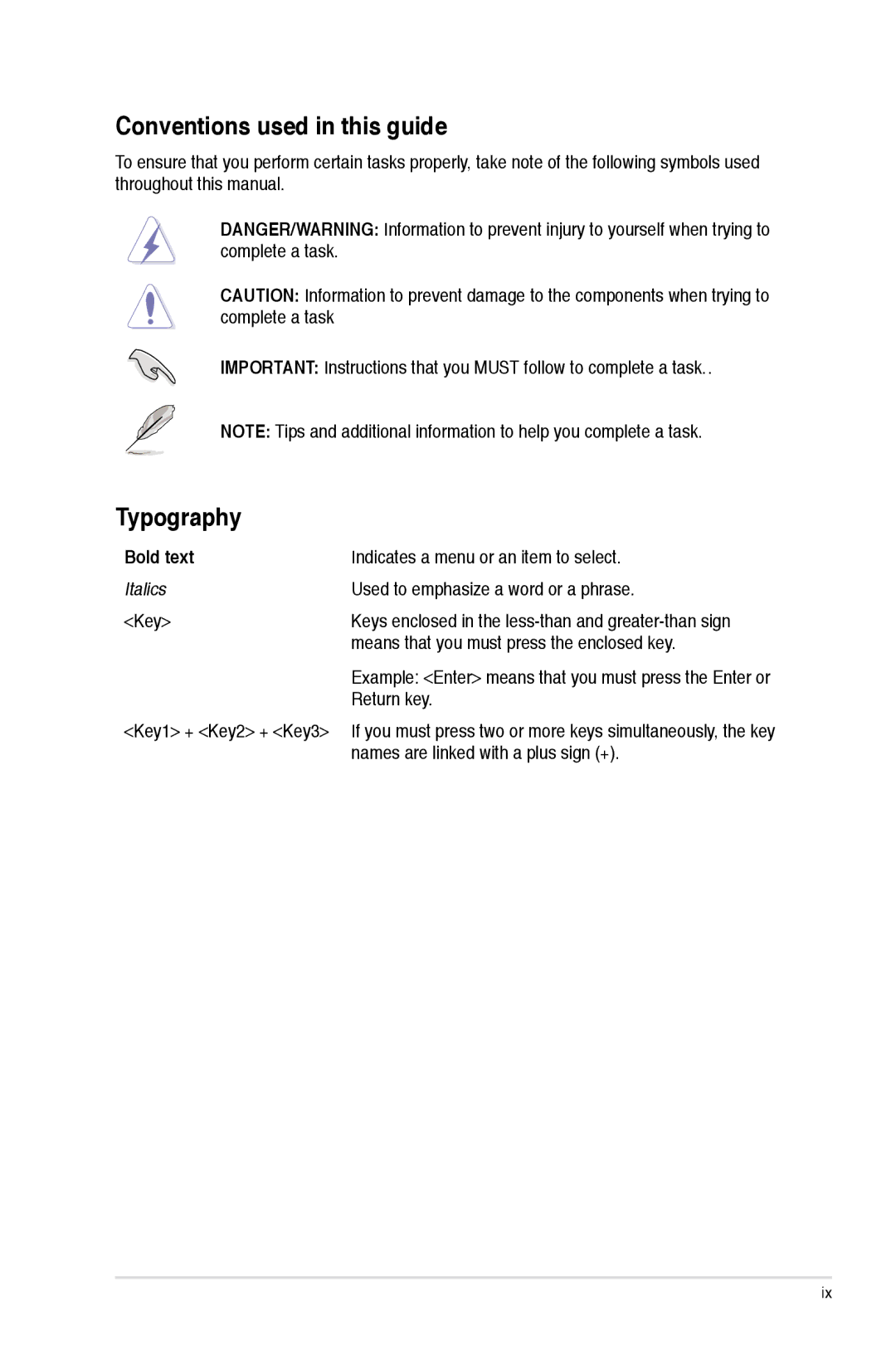 Asus SABERTOOTH 990FX/GEN3 R2, 990FX R20, SABERTOOTH990FXGEN3 manual Conventions used in this guide, Typography, Bold text 