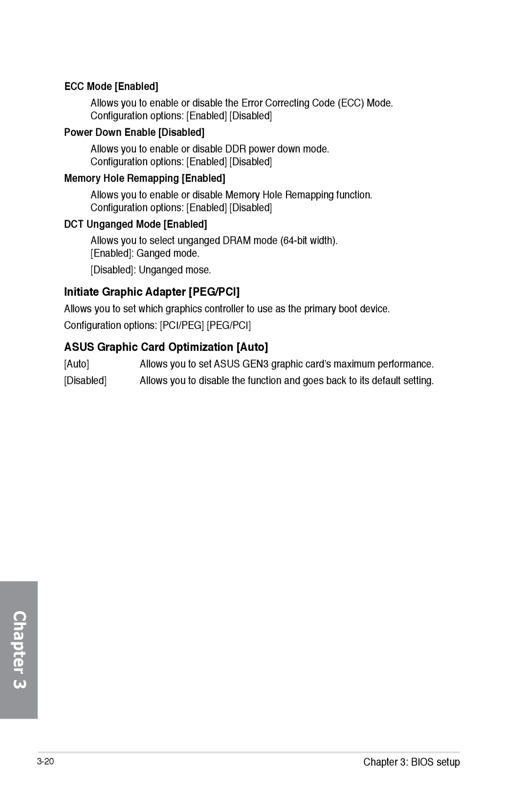 Asus SABERTOOTH990FXGEN3, 990FX R20 manual Initiate Graphic Adapter PEG/PCI, Asus Graphic Card Optimization Auto 