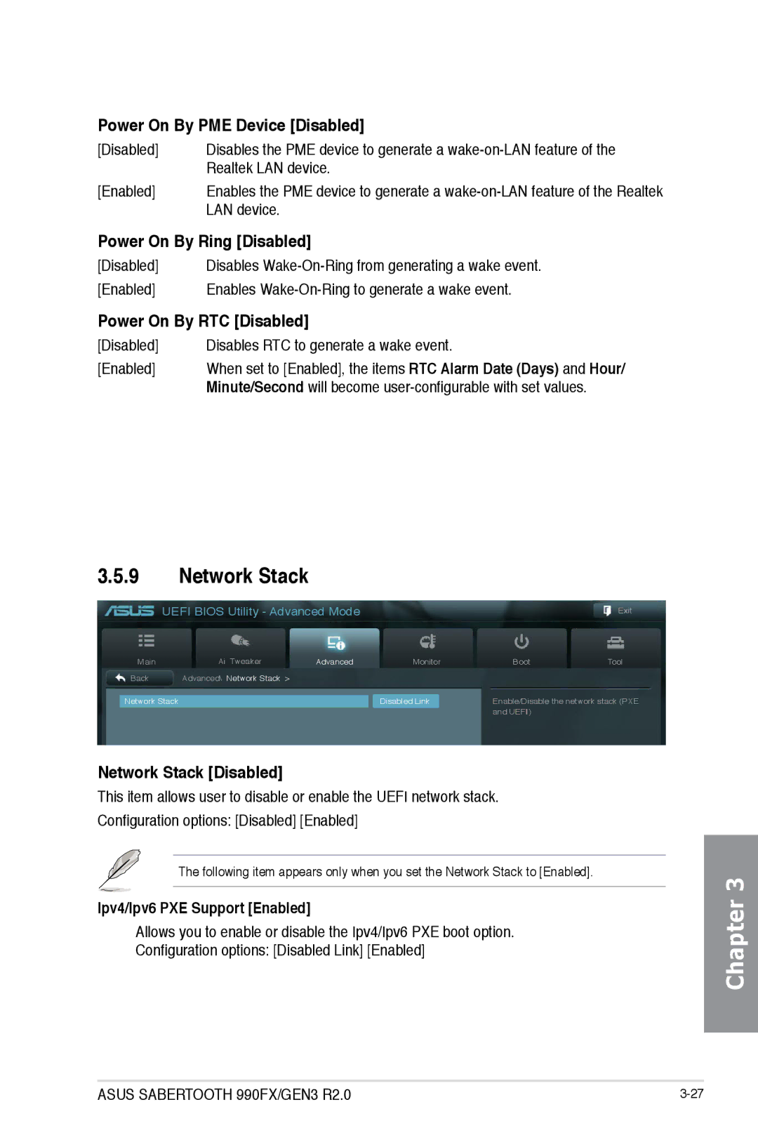 Asus SABERTOOTH 990FX/GEN3 R2, 990FX R20 manual Network Stack, Power On By PME Device Disabled, Power On By Ring Disabled 