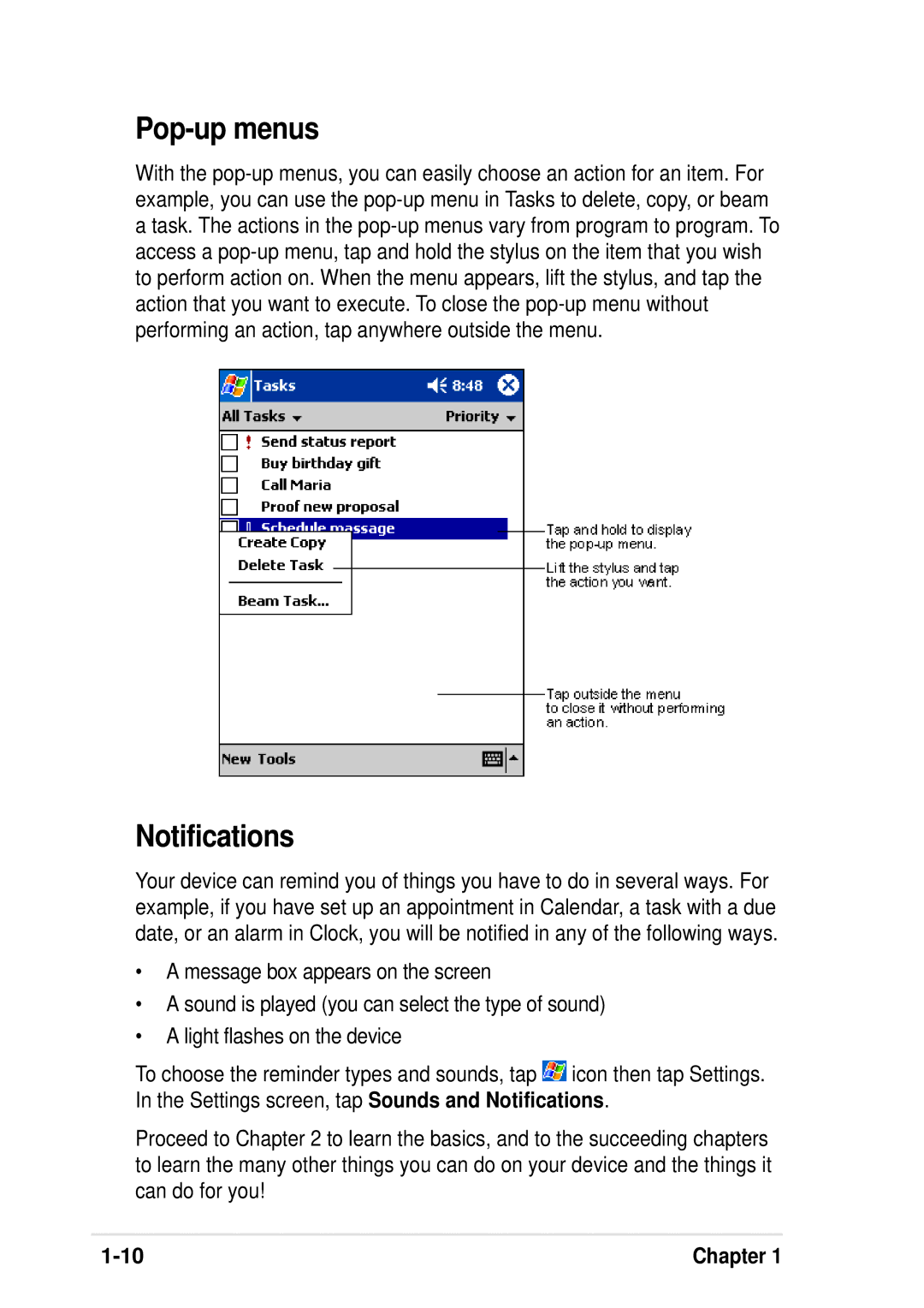 Asus A600 user manual Pop-up menus, Notifications 