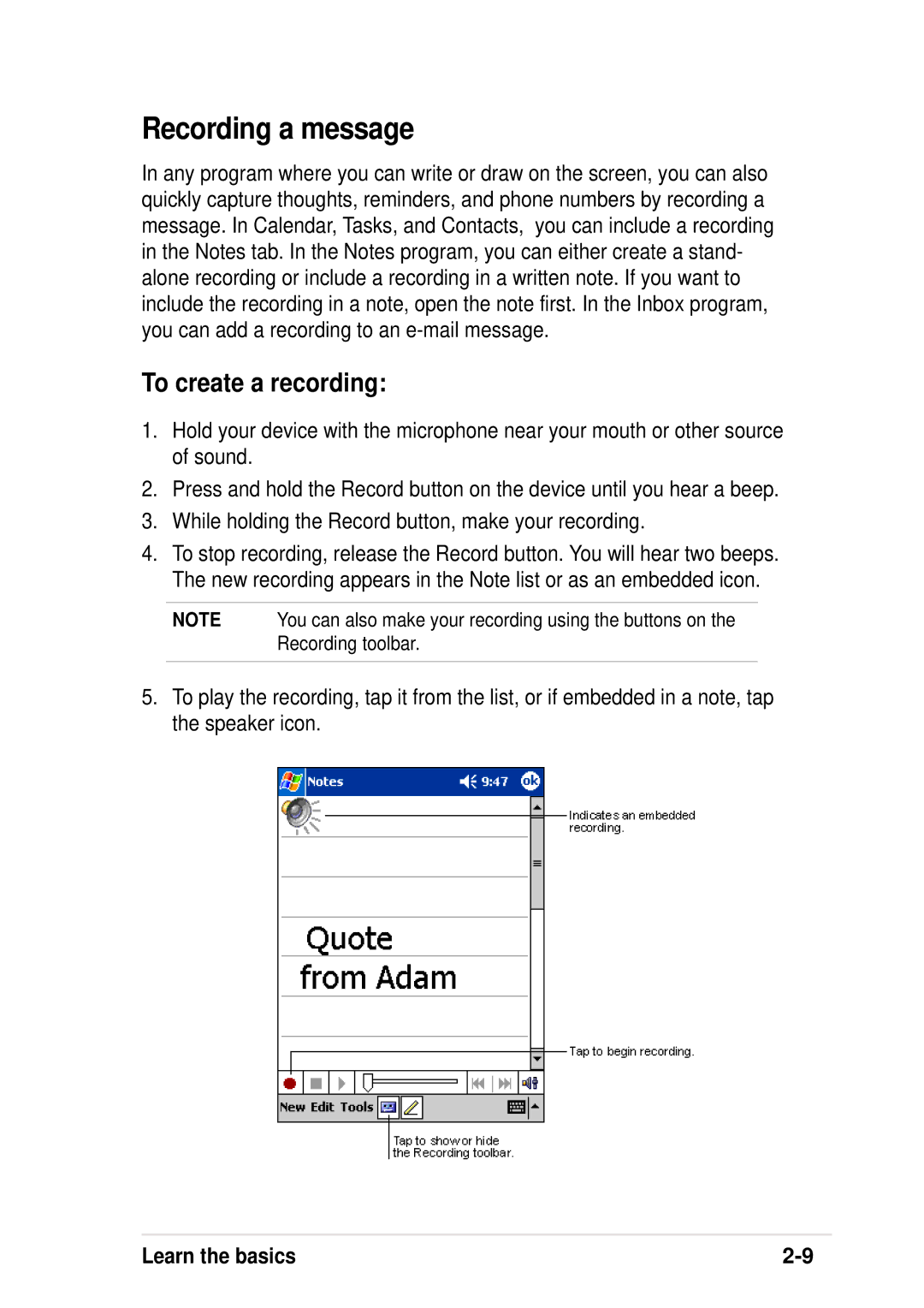 Asus A600 user manual Recording a message, To create a recording 