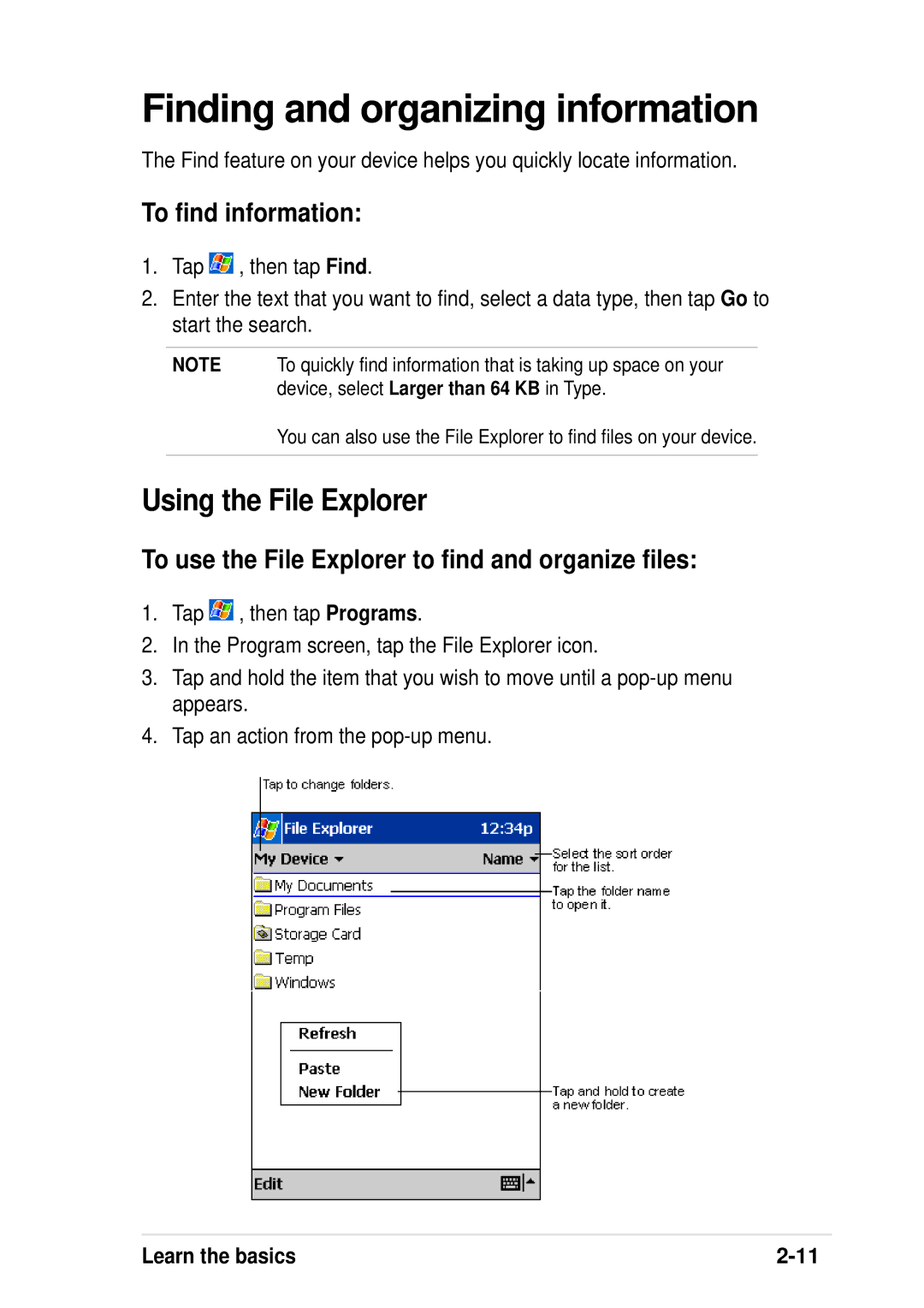 Asus A600 user manual Finding and organizing information, Using the File Explorer, To find information 