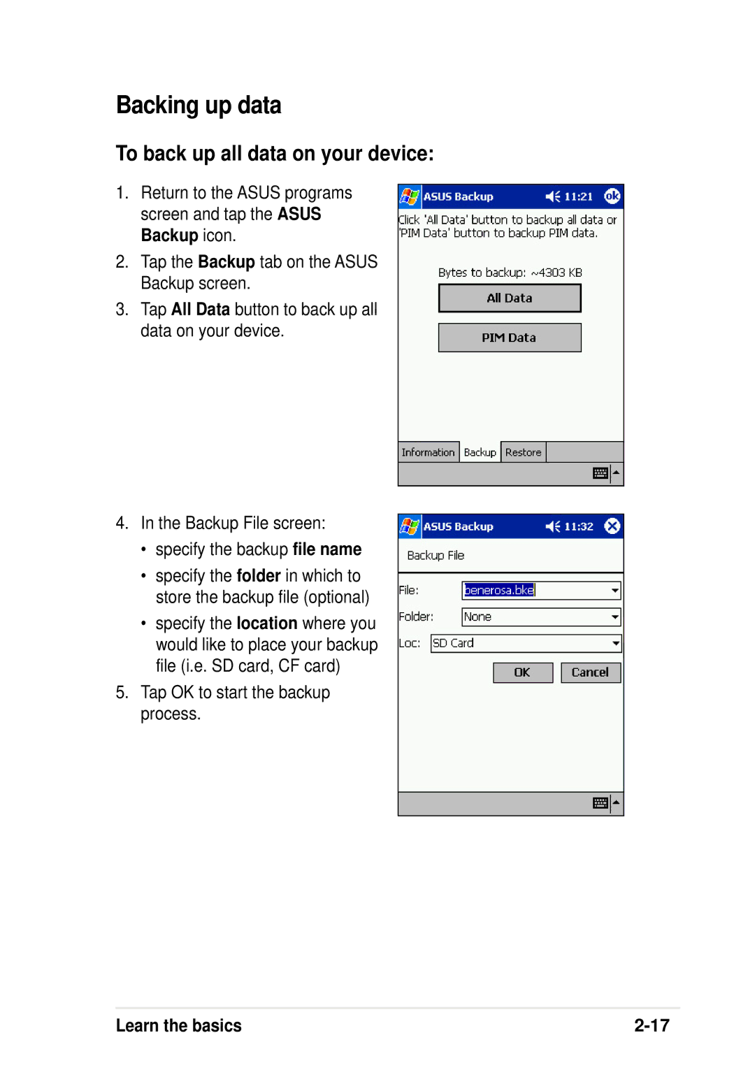 Asus A600 user manual Backing up data, To back up all data on your device, Tap OK to start the backup process 