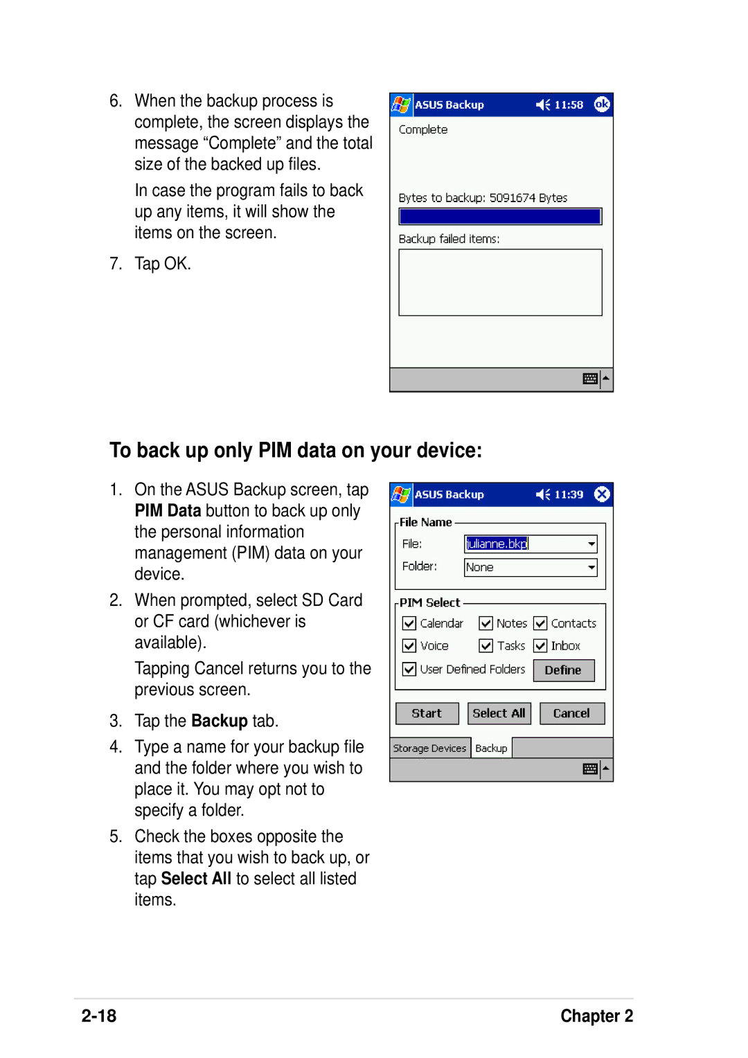 Asus A600 user manual To back up only PIM data on your device, Tap OK 