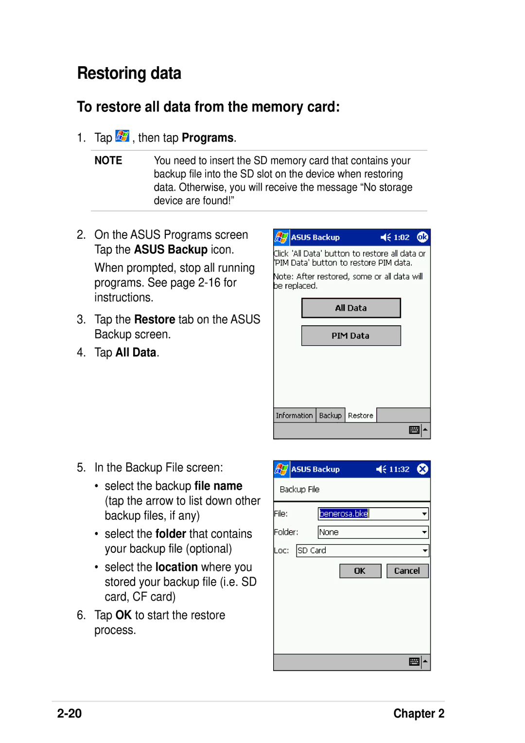 Asus A600 user manual Restoring data, To restore all data from the memory card, Tap All Data 