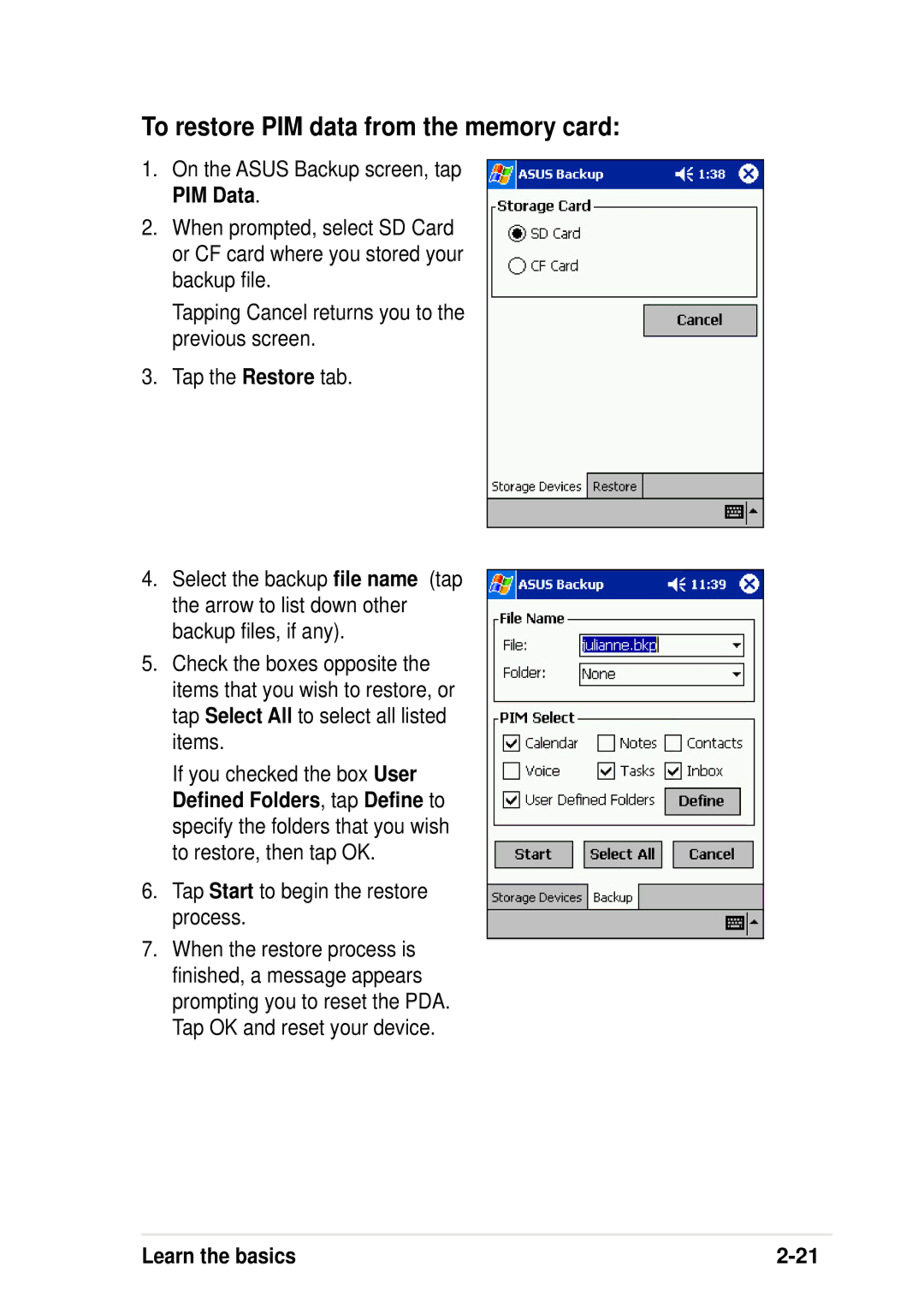 Asus A600 user manual To restore PIM data from the memory card, Tap Start to begin the restore process 