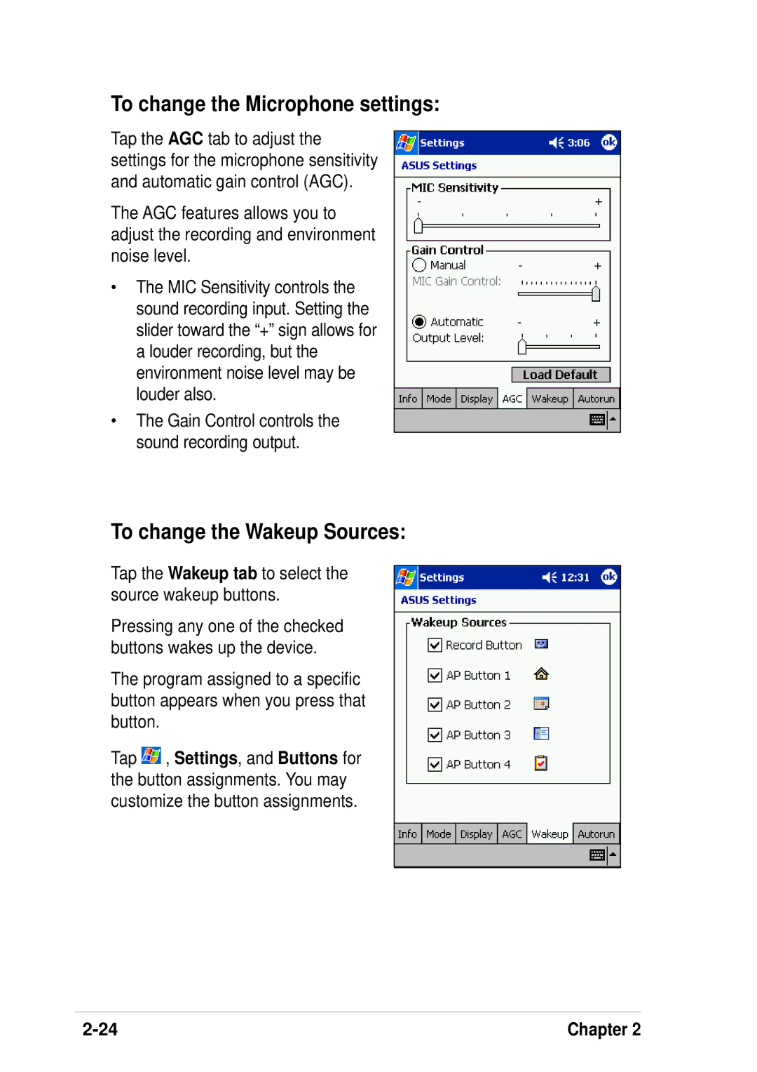 Asus A600 user manual To change the Microphone settings, To change the Wakeup Sources 