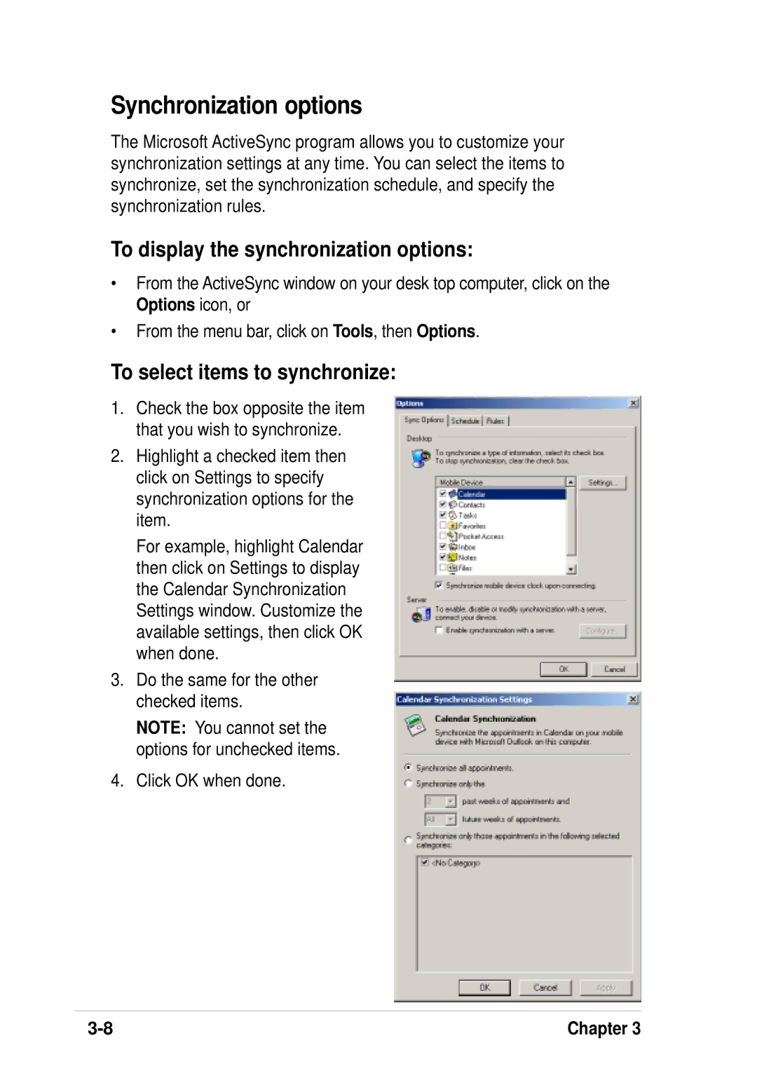 Asus A600 user manual Synchronization options, To display the synchronization options, To select items to synchronize 