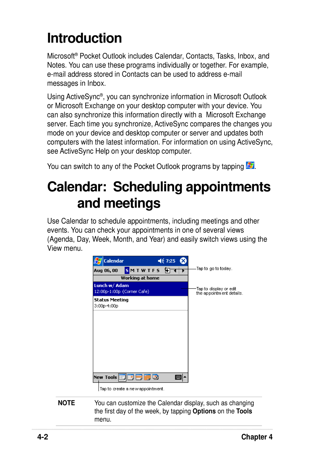 Asus A600 user manual Introduction, Calendar Scheduling appointments and meetings 