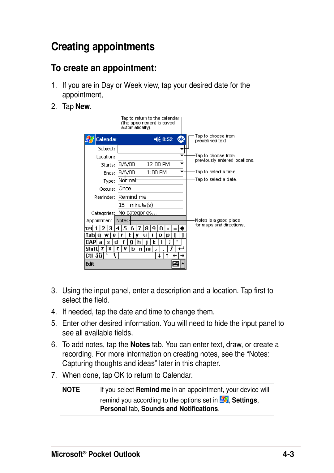 Asus A600 user manual Creating appointments, To create an appointment, When done, tap OK to return to Calendar 