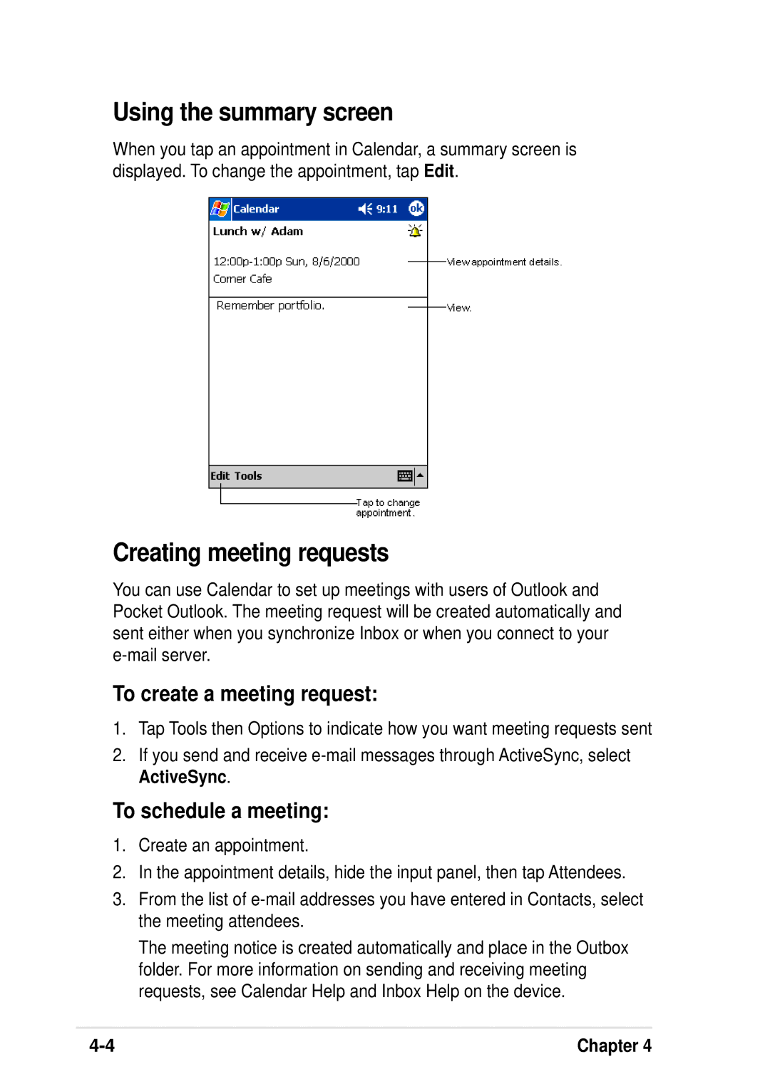 Asus A600 Using the summary screen, Creating meeting requests, To create a meeting request, To schedule a meeting 