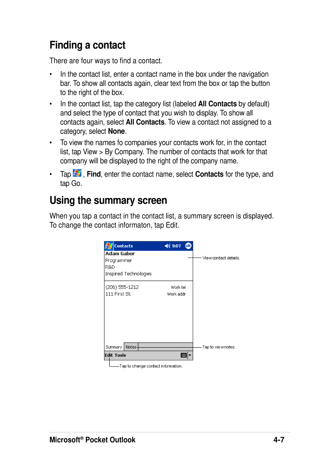 Asus A600 user manual Finding a contact, Using the summary screen 