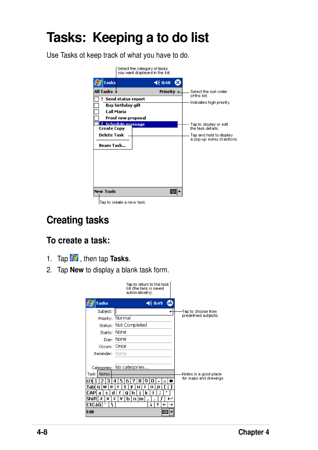 Asus A600 Tasks Keeping a to do list, Creating tasks, To create a task, Use Tasks ot keep track of what you have to do 