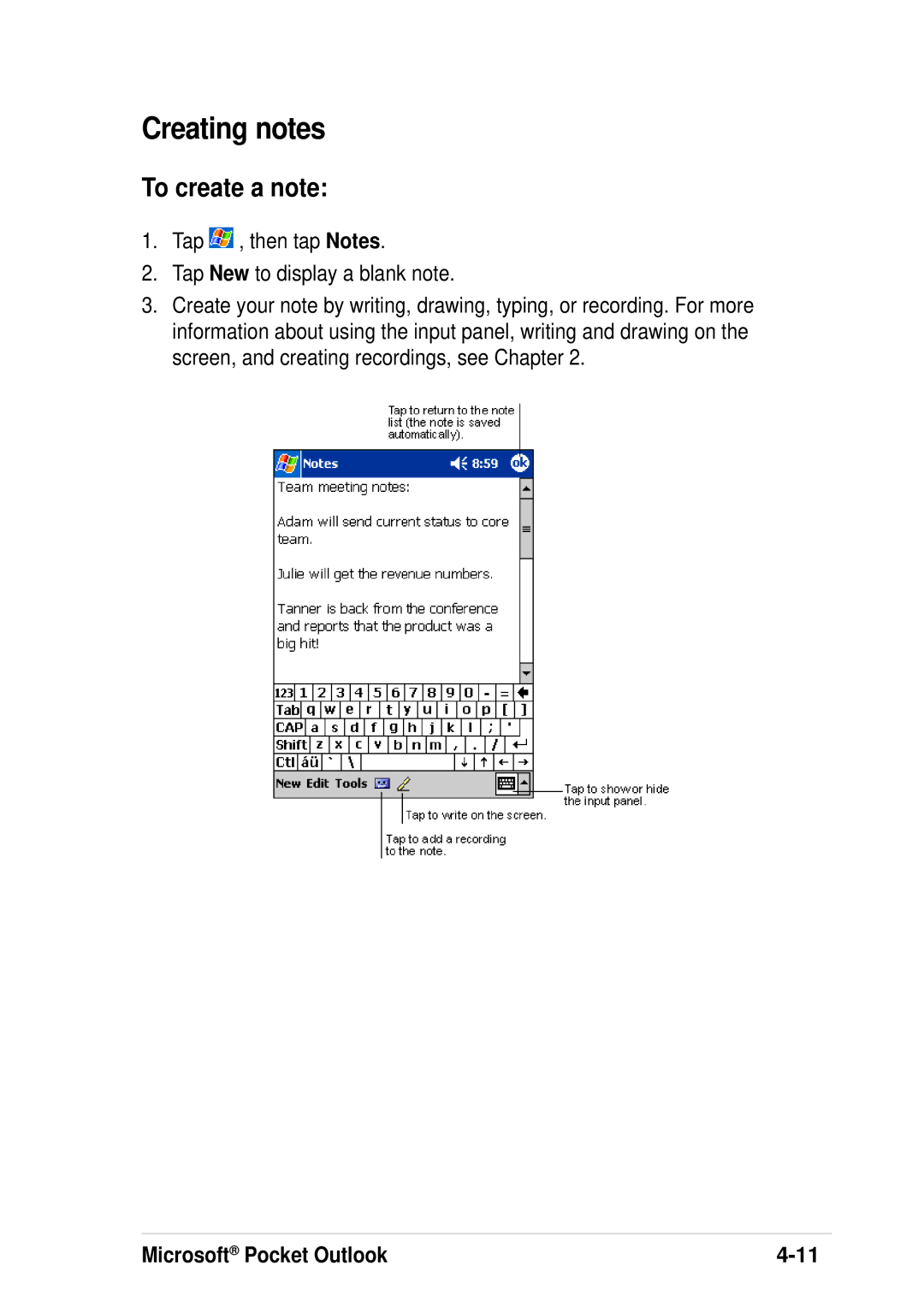 Asus A600 user manual Creating notes, To create a note, Tap , then tap Notes Tap New to display a blank note 