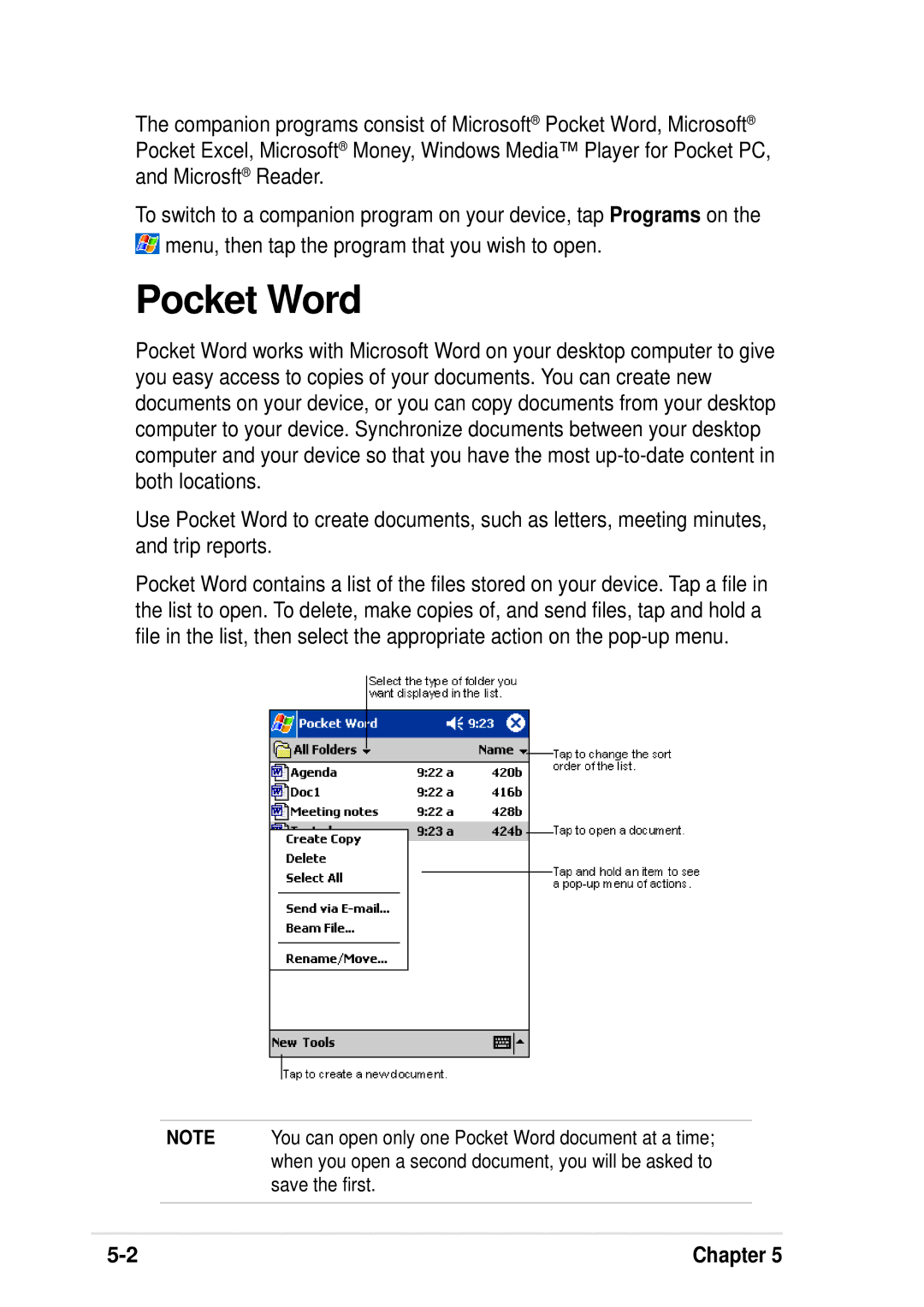 Asus A600 user manual Pocket Word 