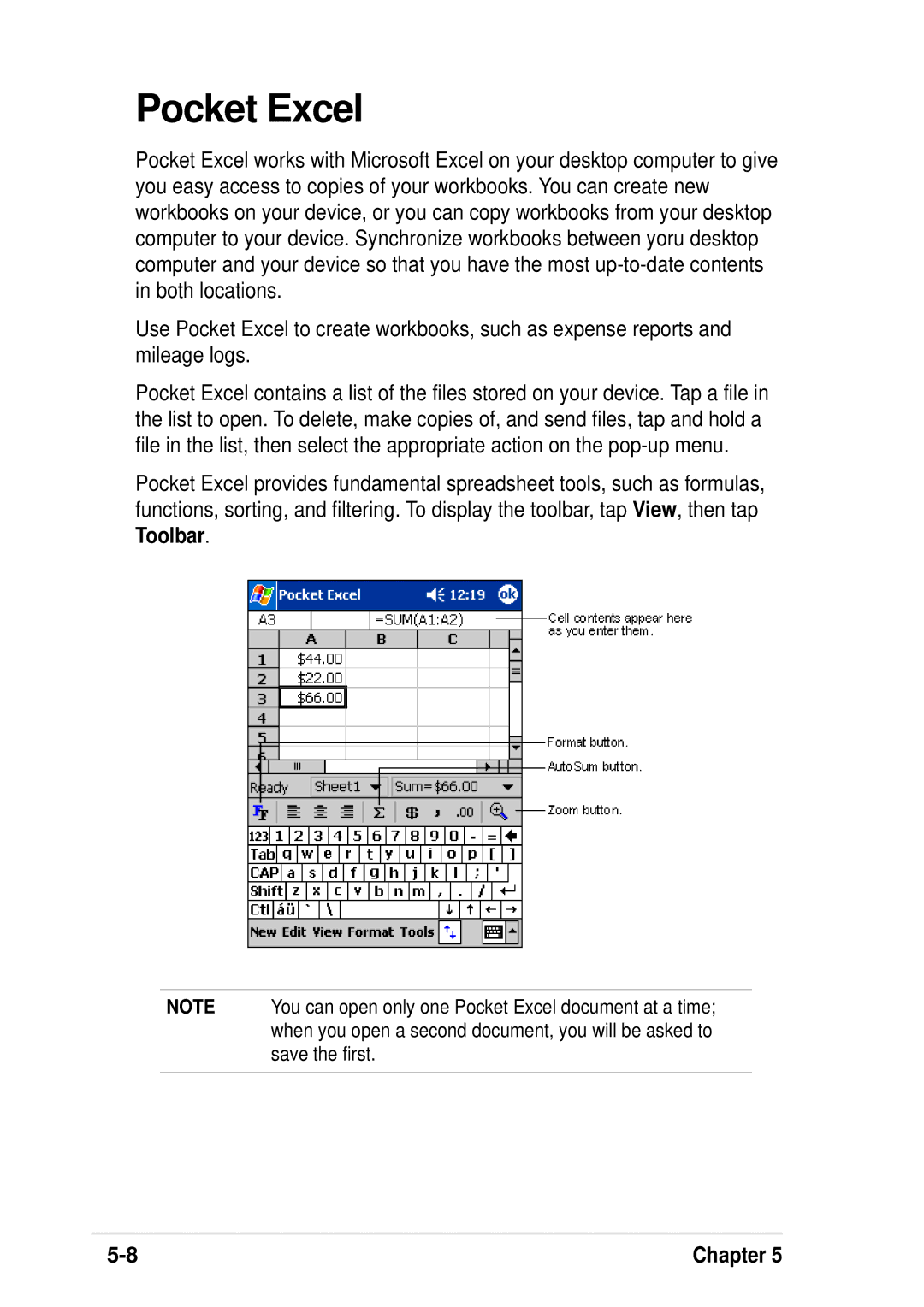 Asus A600 user manual Pocket Excel 