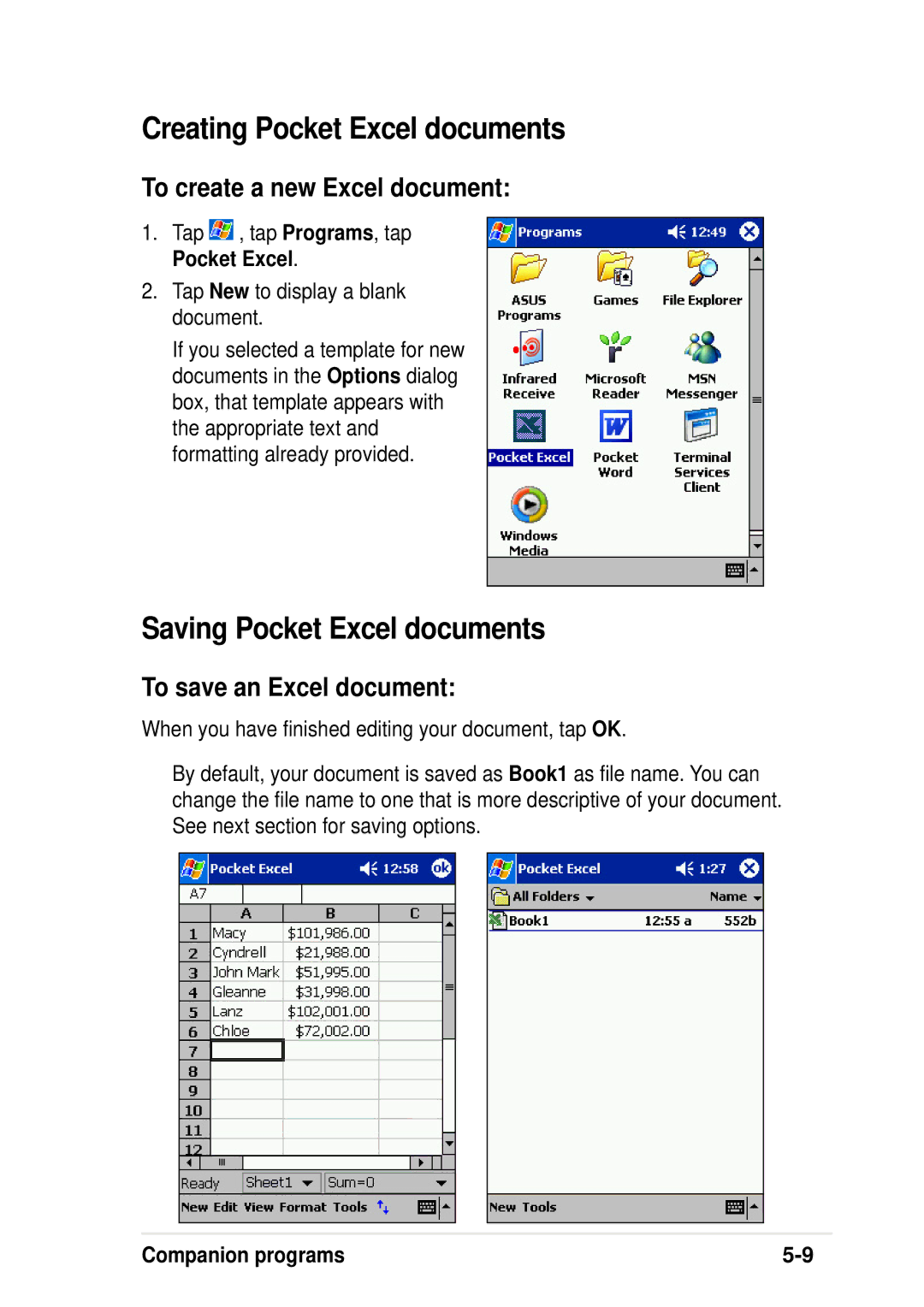 Asus A600 user manual Creating Pocket Excel documents, Saving Pocket Excel documents, To create a new Excel document 