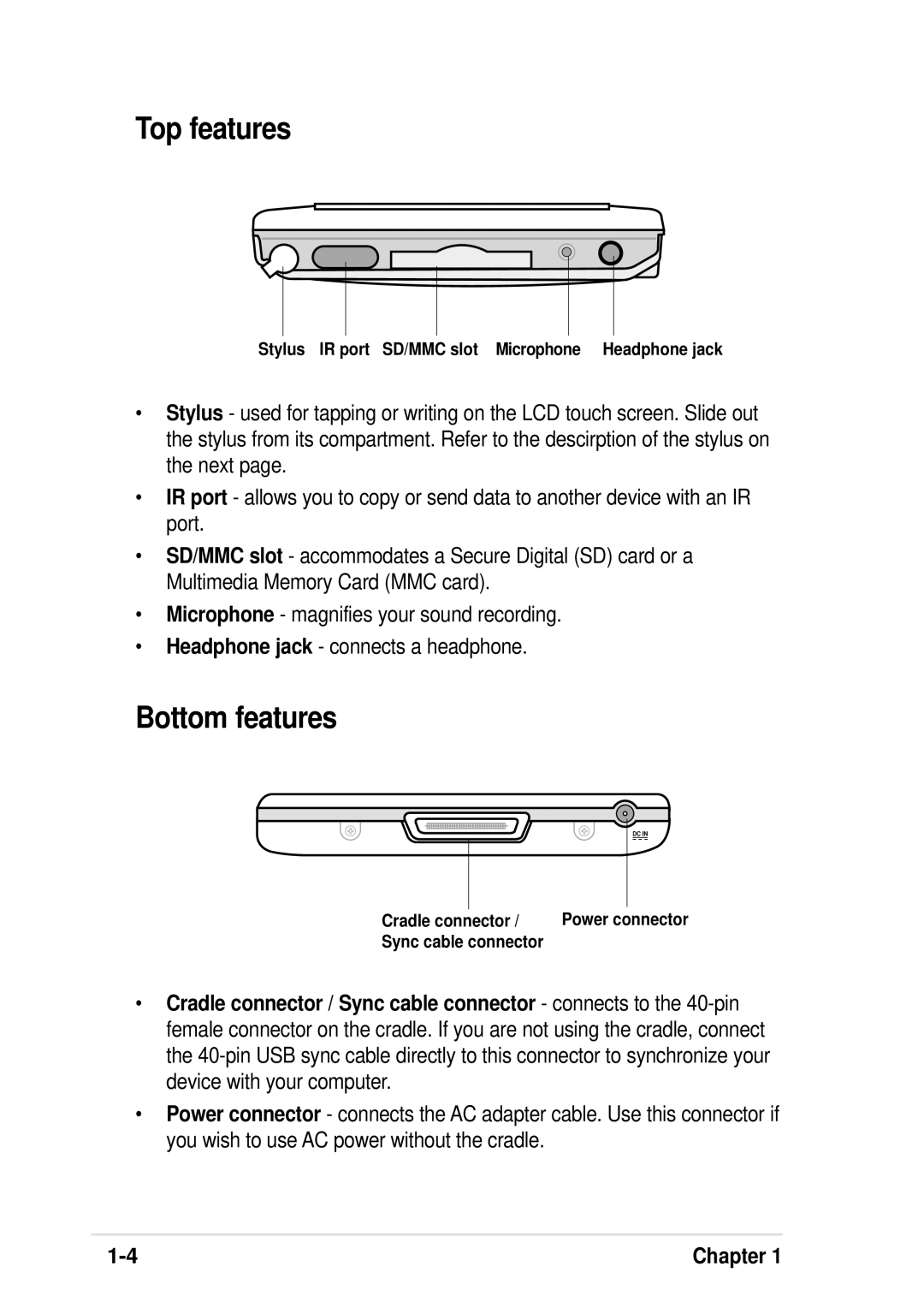 Asus A600 user manual Top features, Bottom features 