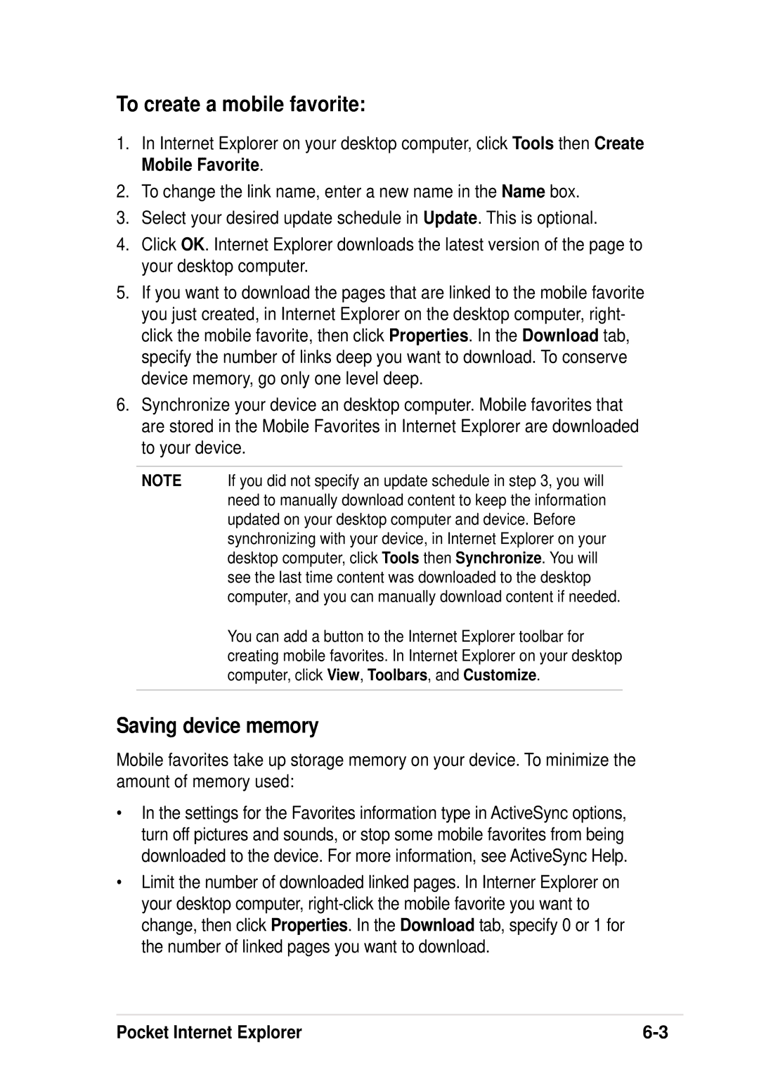 Asus A600 user manual To create a mobile favorite, Saving device memory 