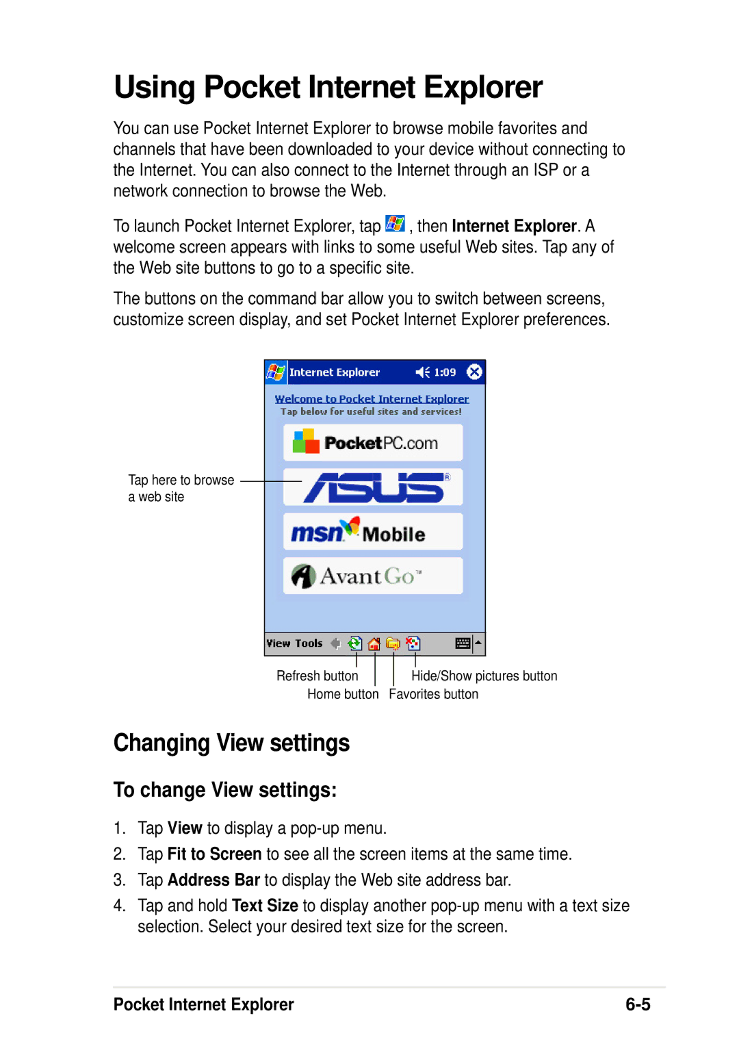 Asus A600 user manual Using Pocket Internet Explorer, Changing View settings, To change View settings 