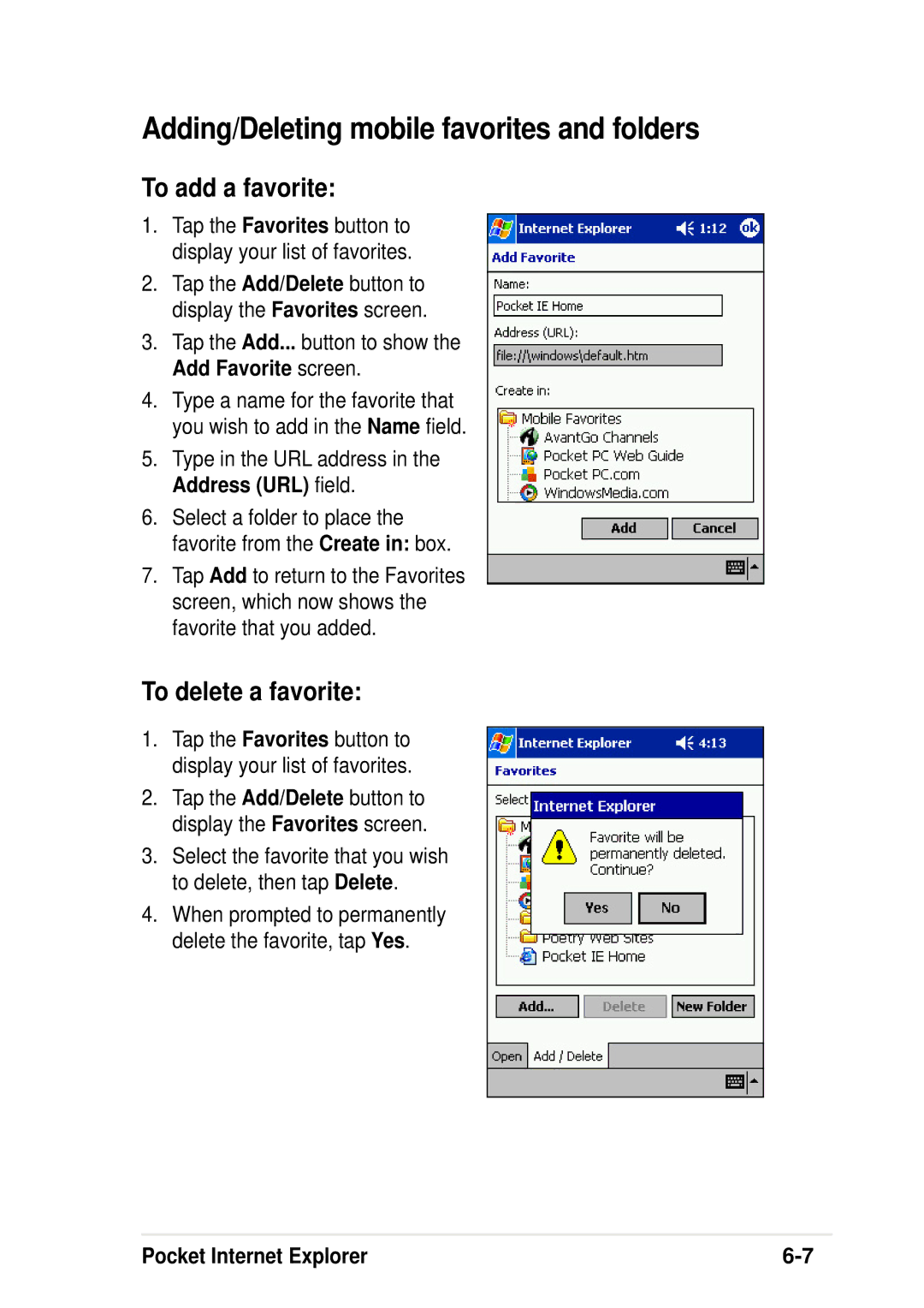 Asus A600 user manual Adding/Deleting mobile favorites and folders, To add a favorite, To delete a favorite 