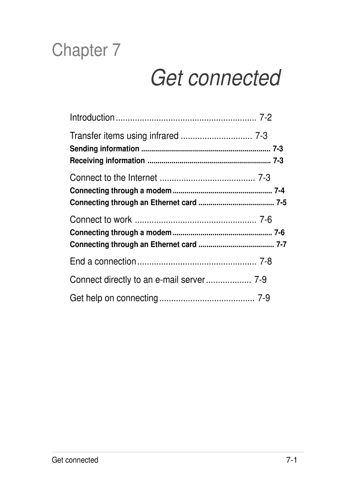 Asus A600 Introduction Transfer items using infrared, Connect to the Internet, Connect to work, End a connection 