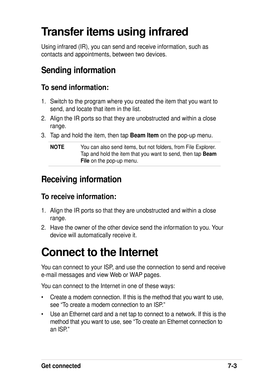 Asus A600 user manual Transfer items using infrared, Connect to the Internet, Sending information, Receiving information 