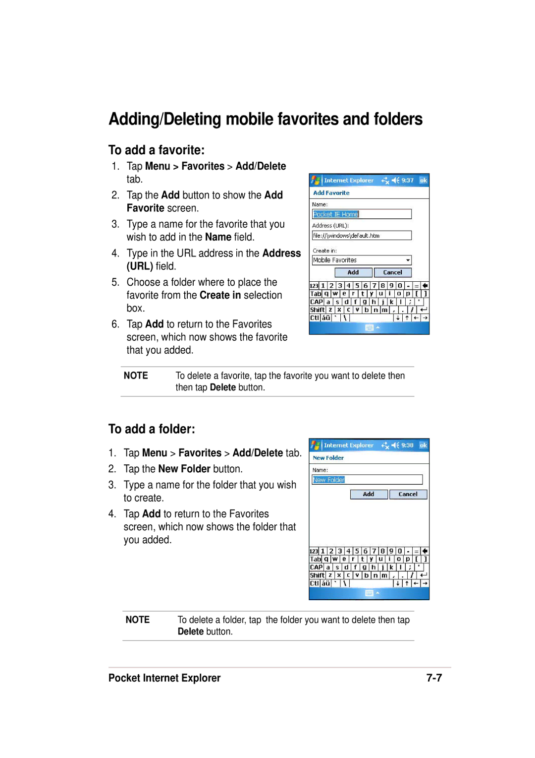 Asus 632, A636 manual Adding/Deleting mobile favorites and folders, To add a favorite, To add a folder 